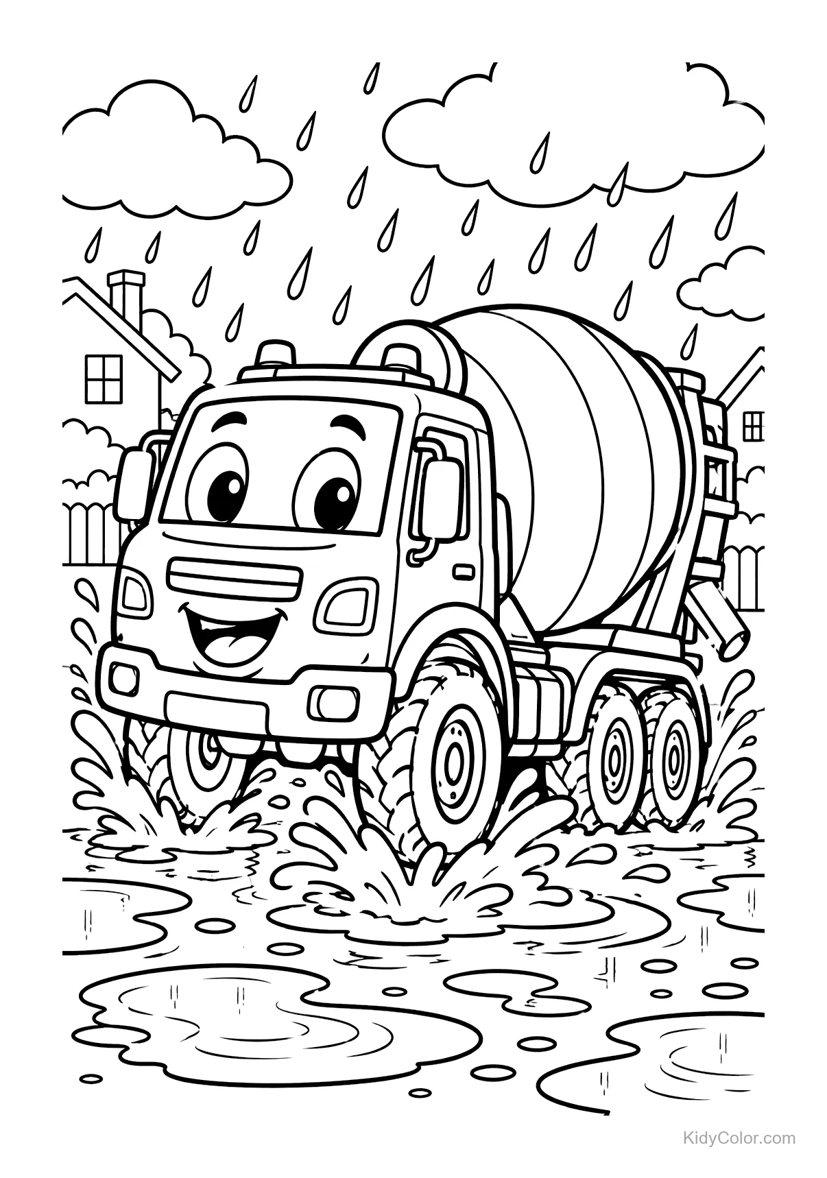 A happy cement mixer splashes through puddles under the rain.