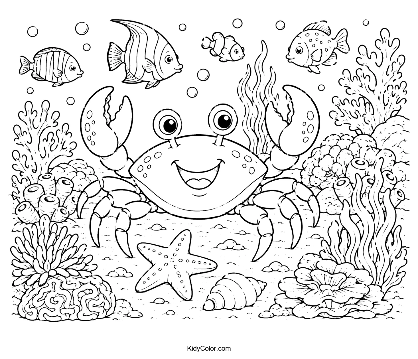 Happy crab in a lively coral reef with fish and starfish.