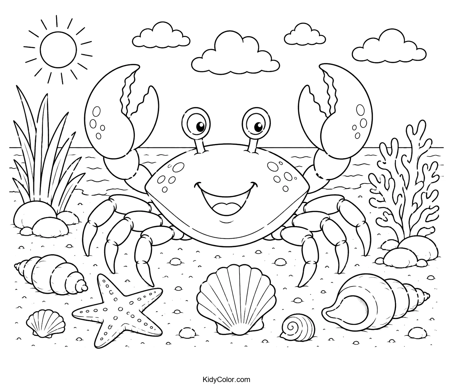 Happy crab with big claws on a sandy beach, surrounded by seashells and seaweed.