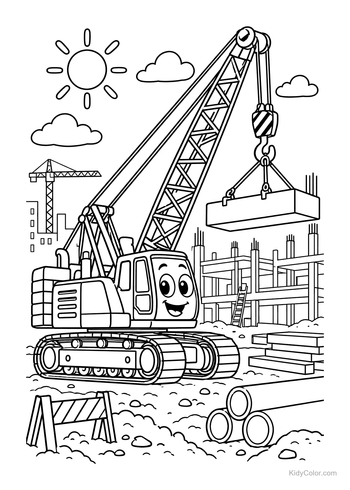 A happy crane lifting a concrete beam at a construction site with a sunny sky.