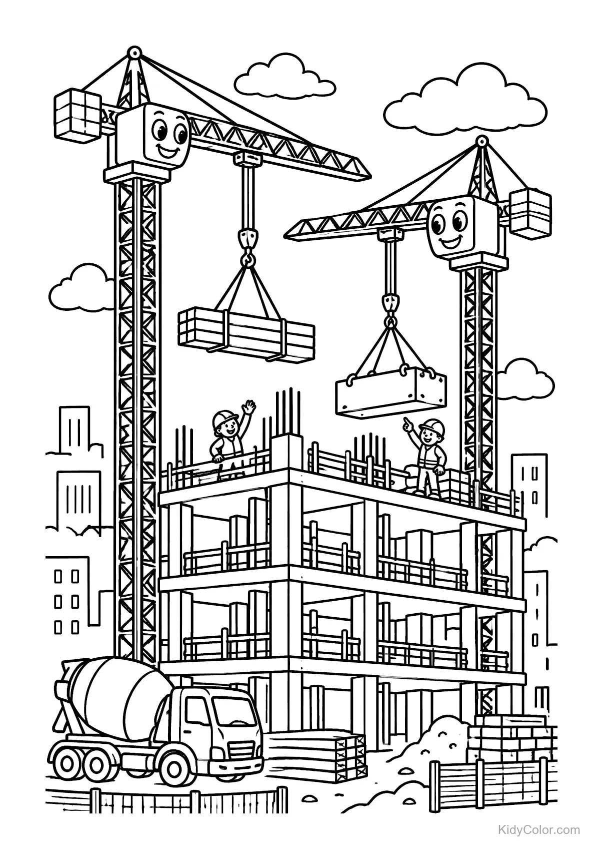 Happy cranes lifting materials at a construction site with workers and buildings in the background.