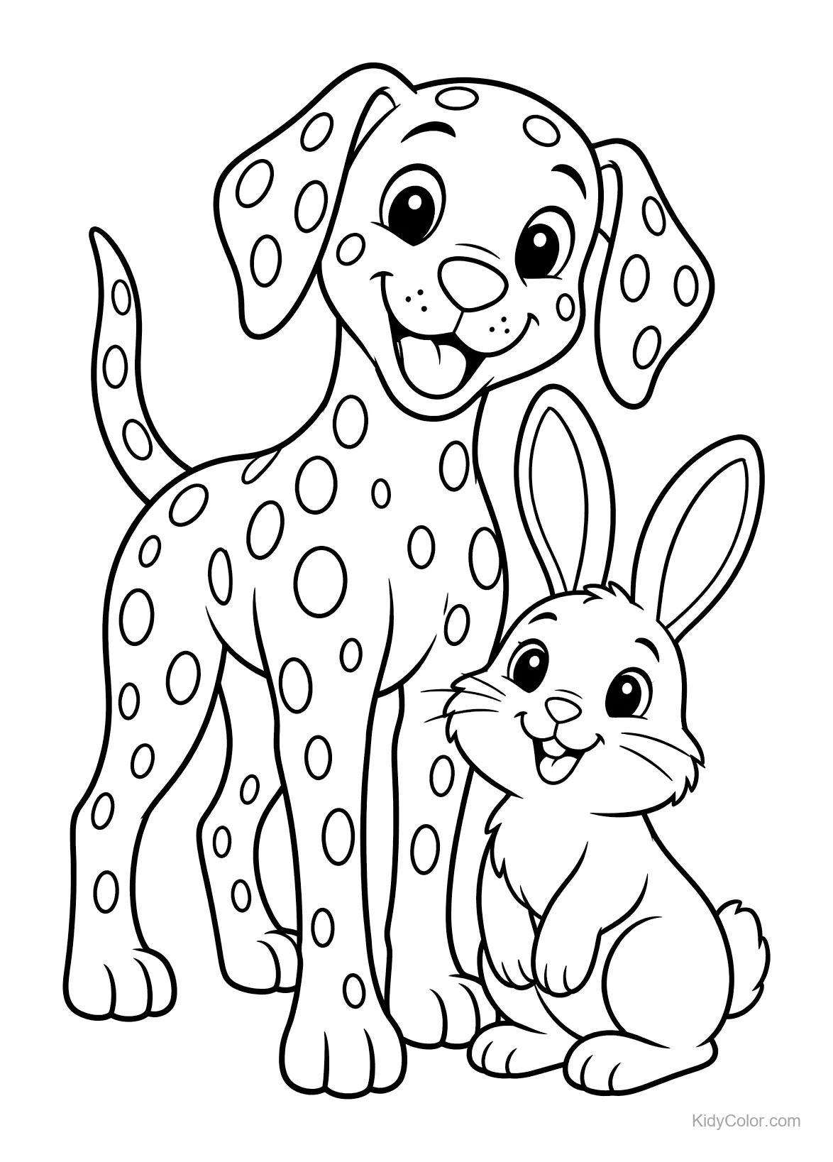 Happy Dalmatian with spotted coat and sitting bunny.