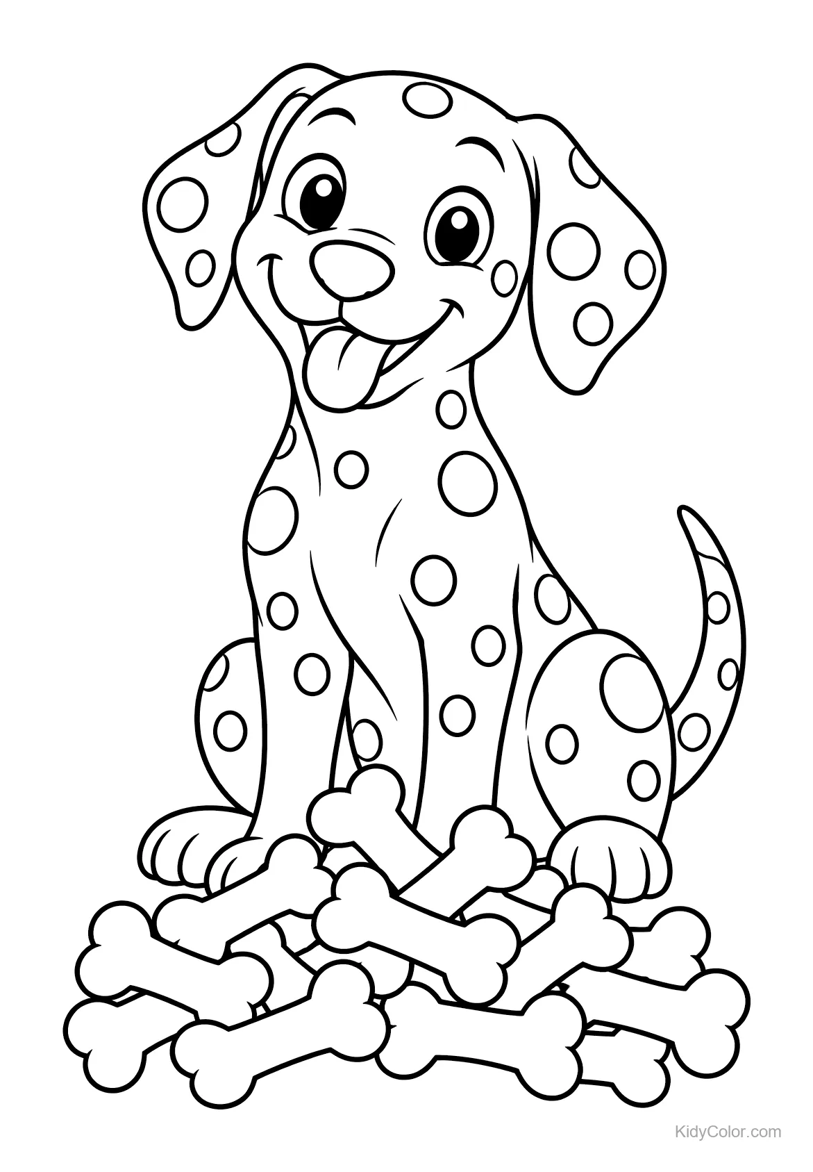 Dalmatian puppy sitting happily with treat bones.