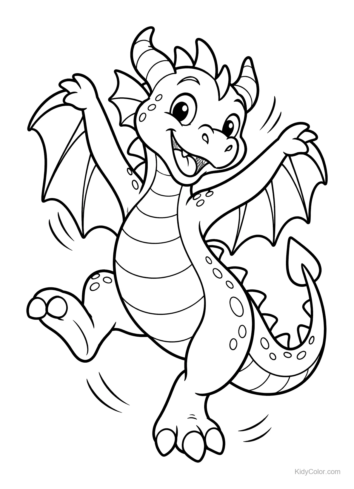 A cheerful dragon dancing with raised arms and wings spread.