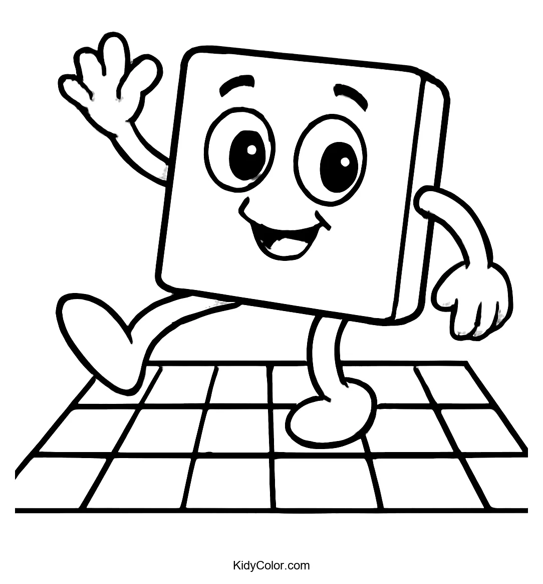 A happy square character with big eyes and a smile dancing on a grid.