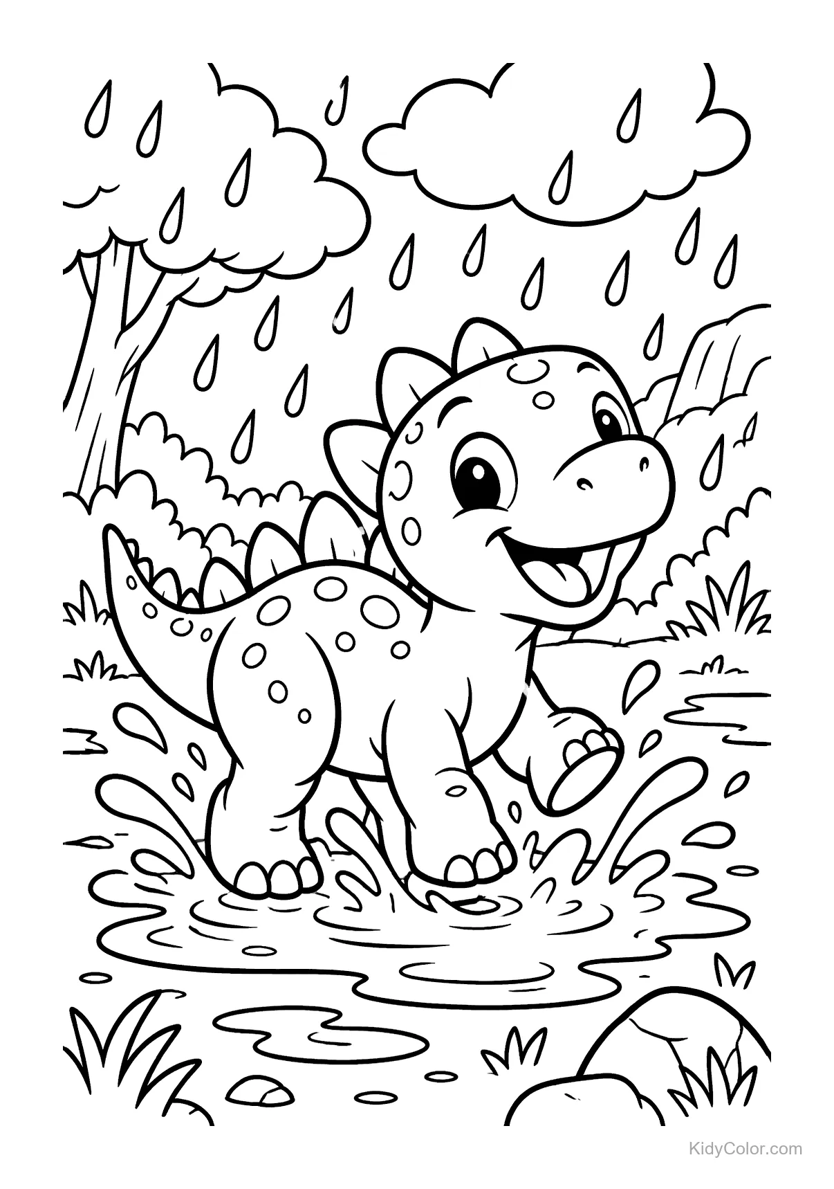 A cheerful dinosaur splashing in puddles during a rain shower.