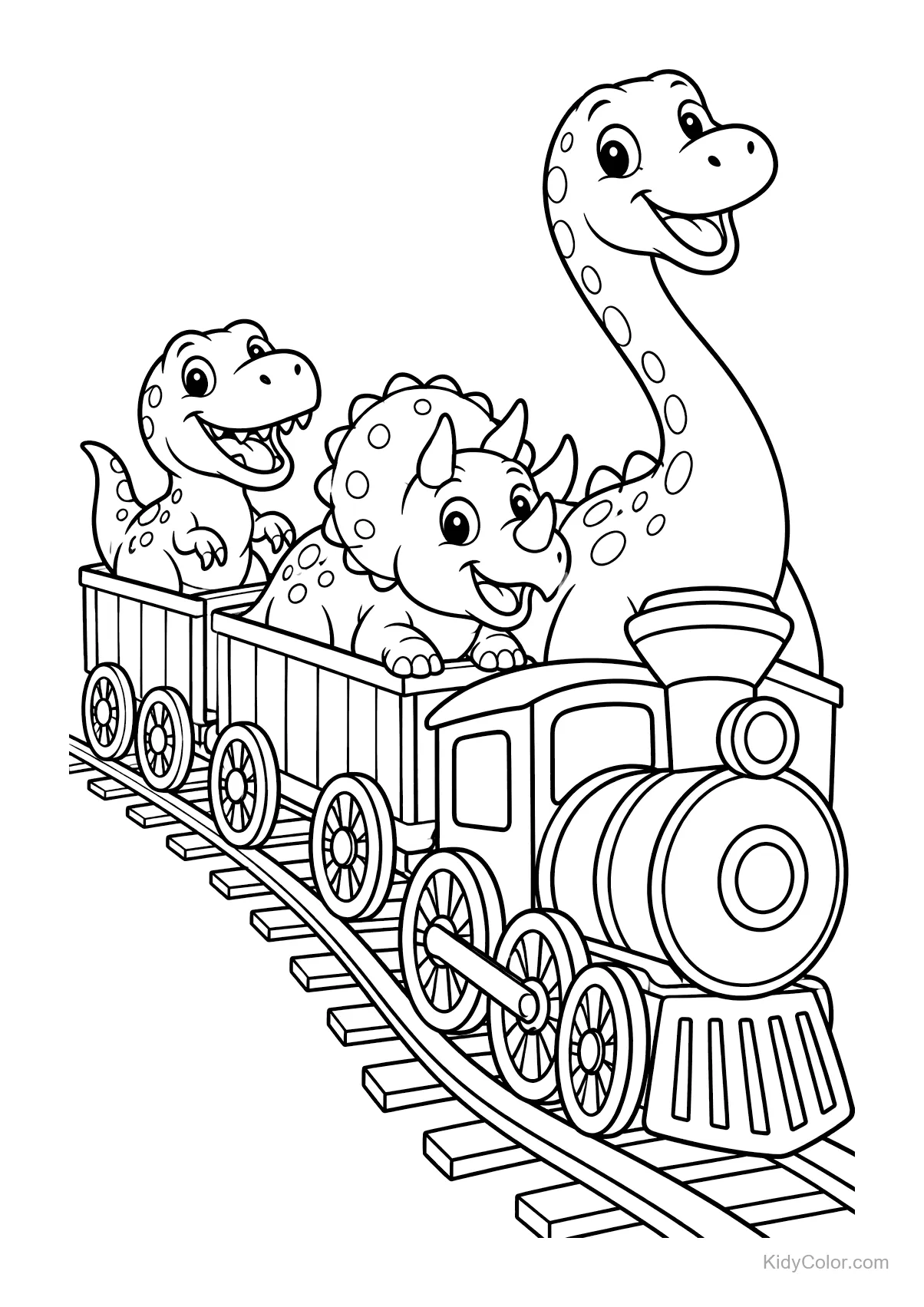 Drie blije dinosaurussen in een trein op het spoor.