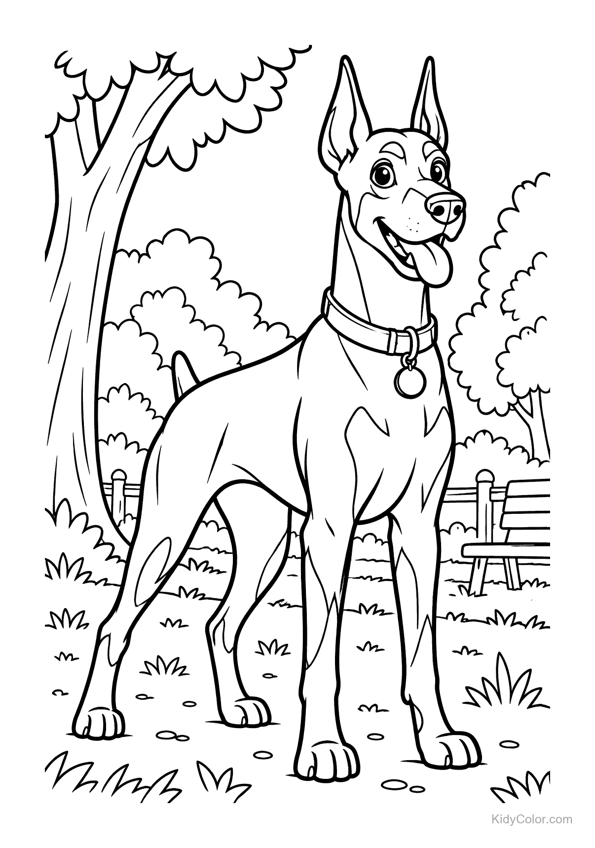 Doberman standing in a park with trees and a bench.