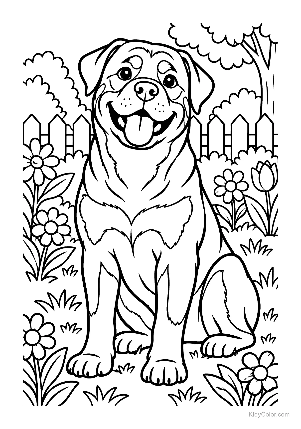 A happy dog sitting in a garden with flowers and a fence.
