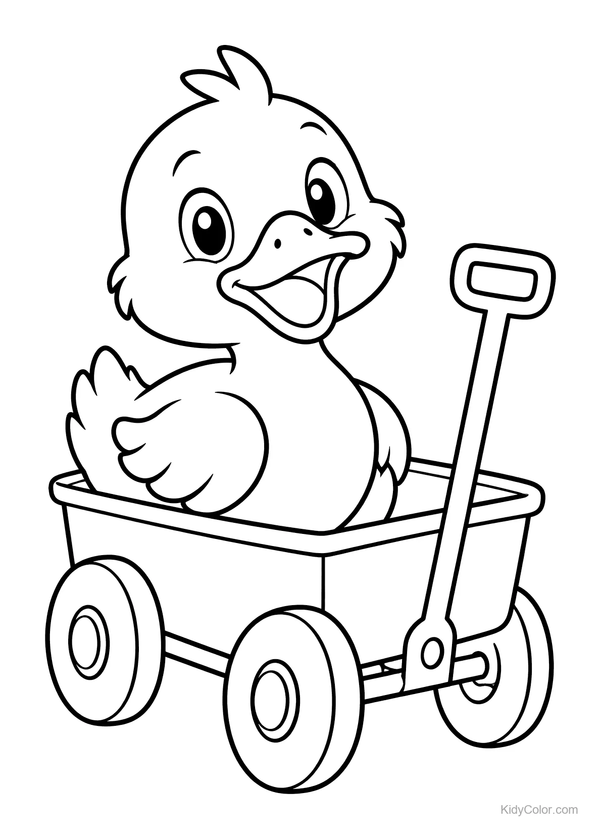 Canard joyeux assis dans un chariot avec une poignée.