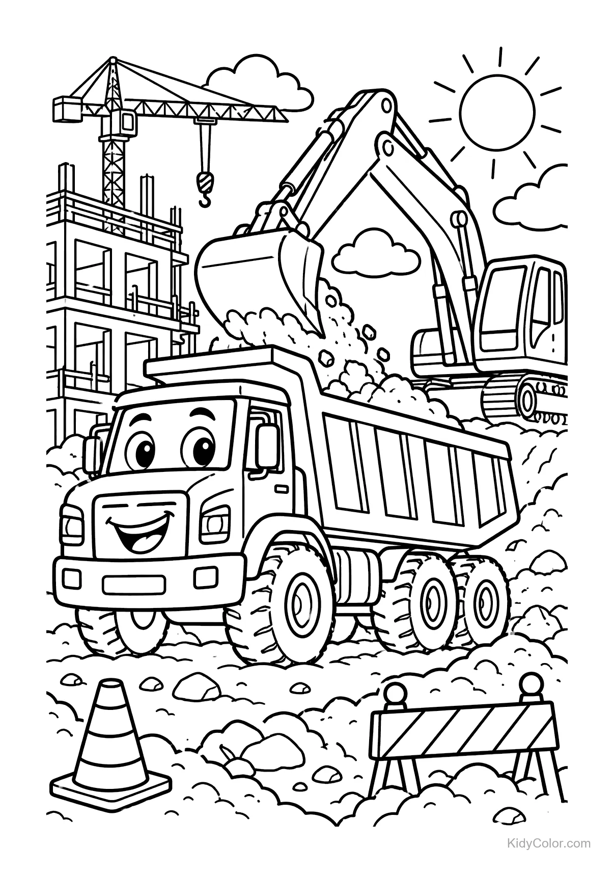 Happy dump truck and digger on a sunny construction site with a crane.