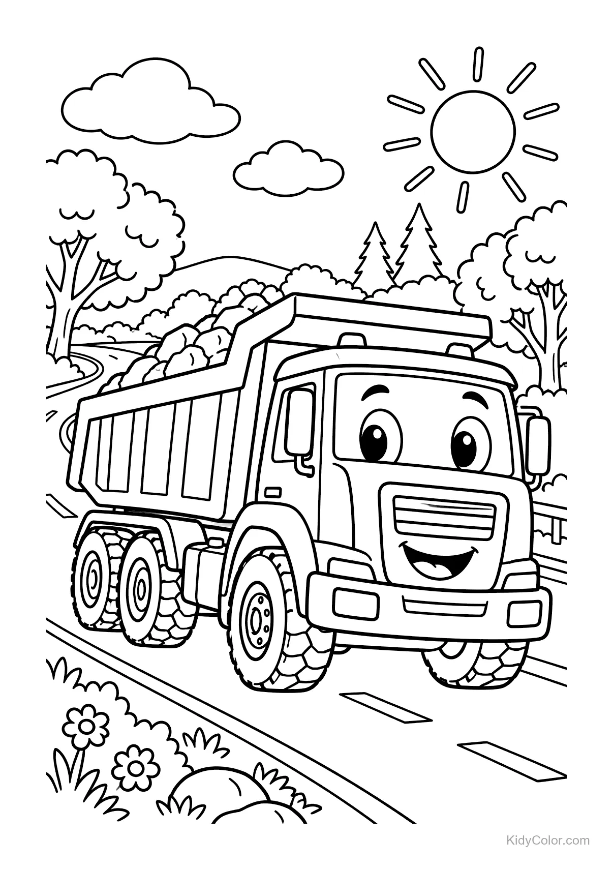 Smiling dump truck on a countryside road with trees and sun.