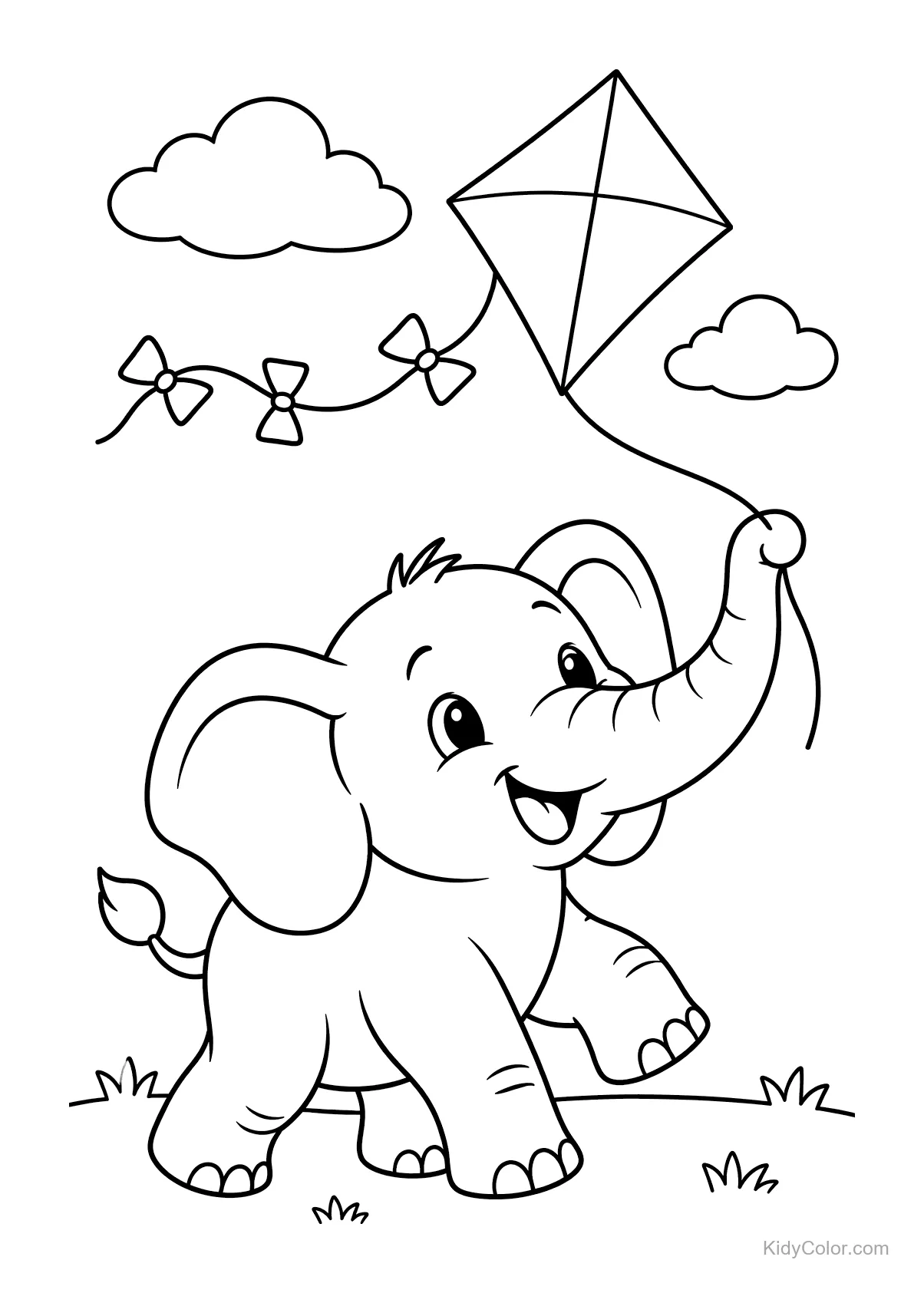 Happy elephant flying a kite with clouds and bows.