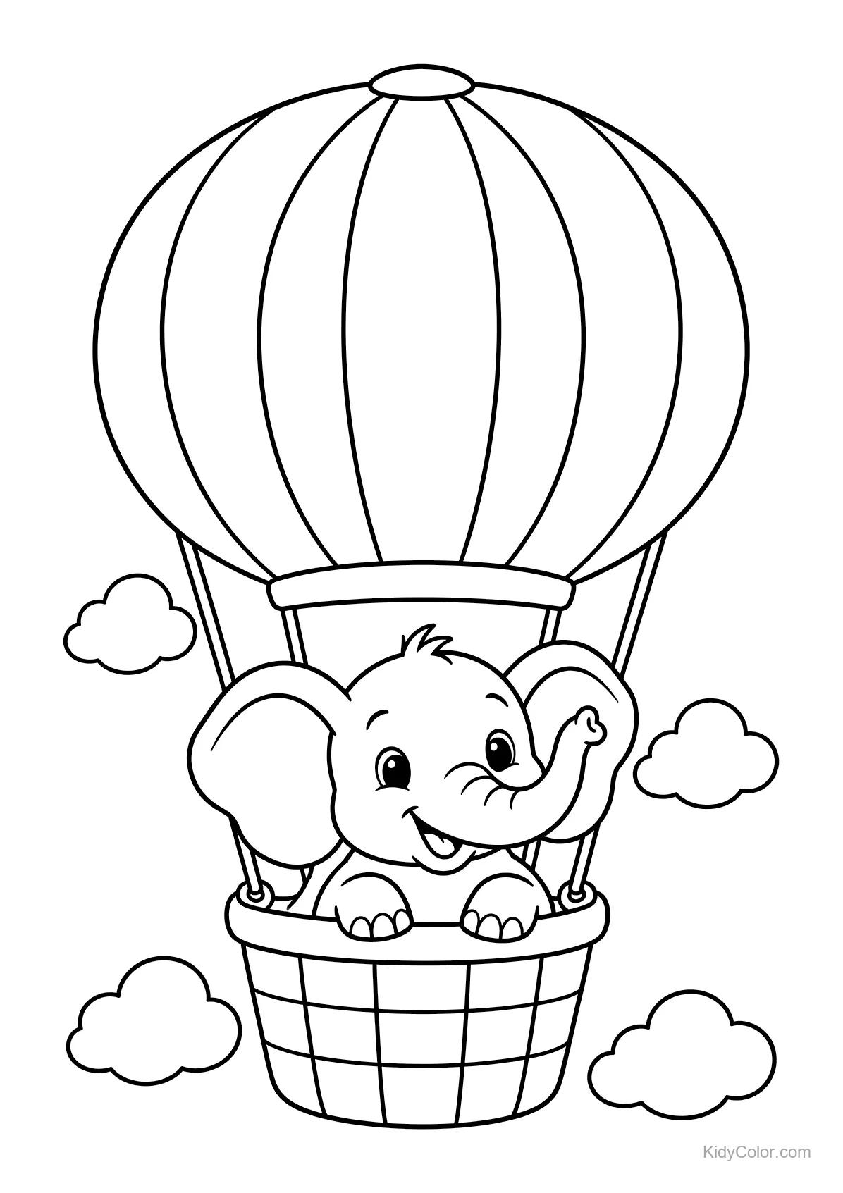 Elephant rides in a hot air balloon, surrounded by clouds.