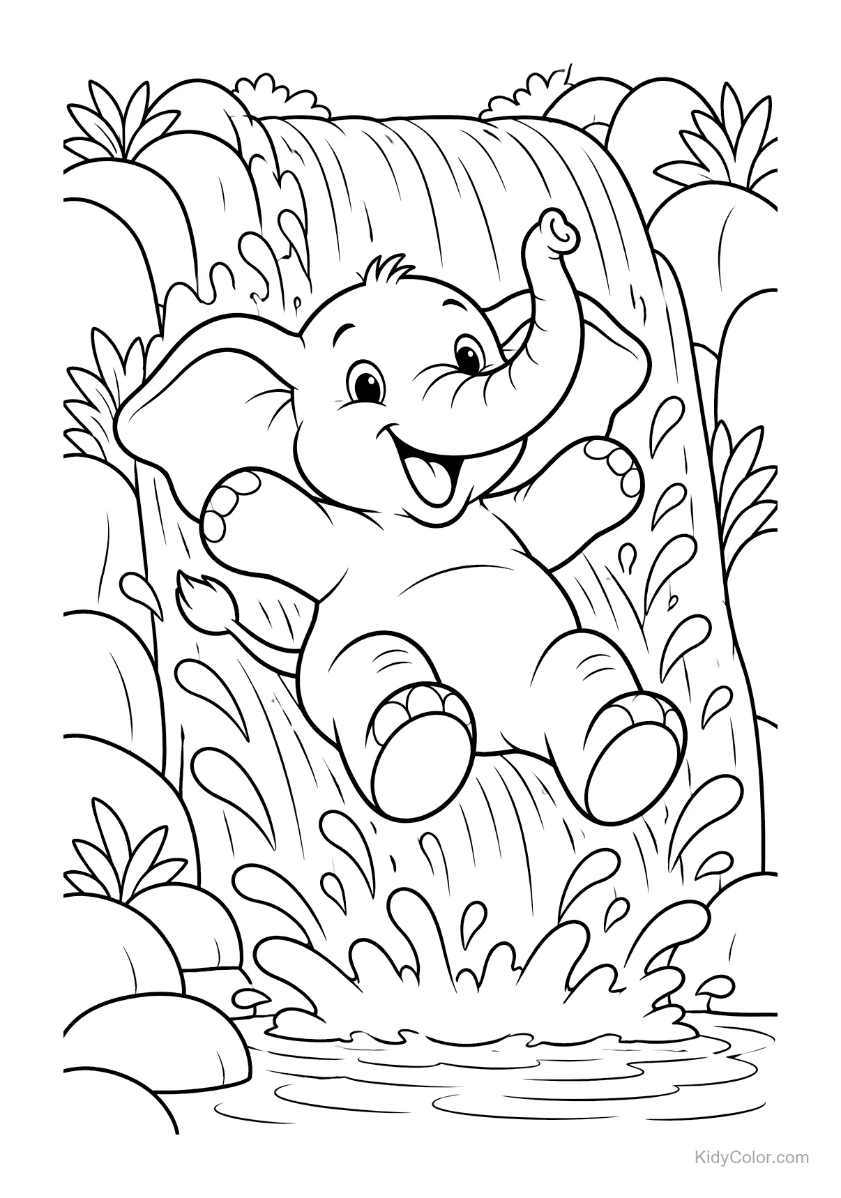 Happy elephant sliding down a waterfall with water splashing around.
