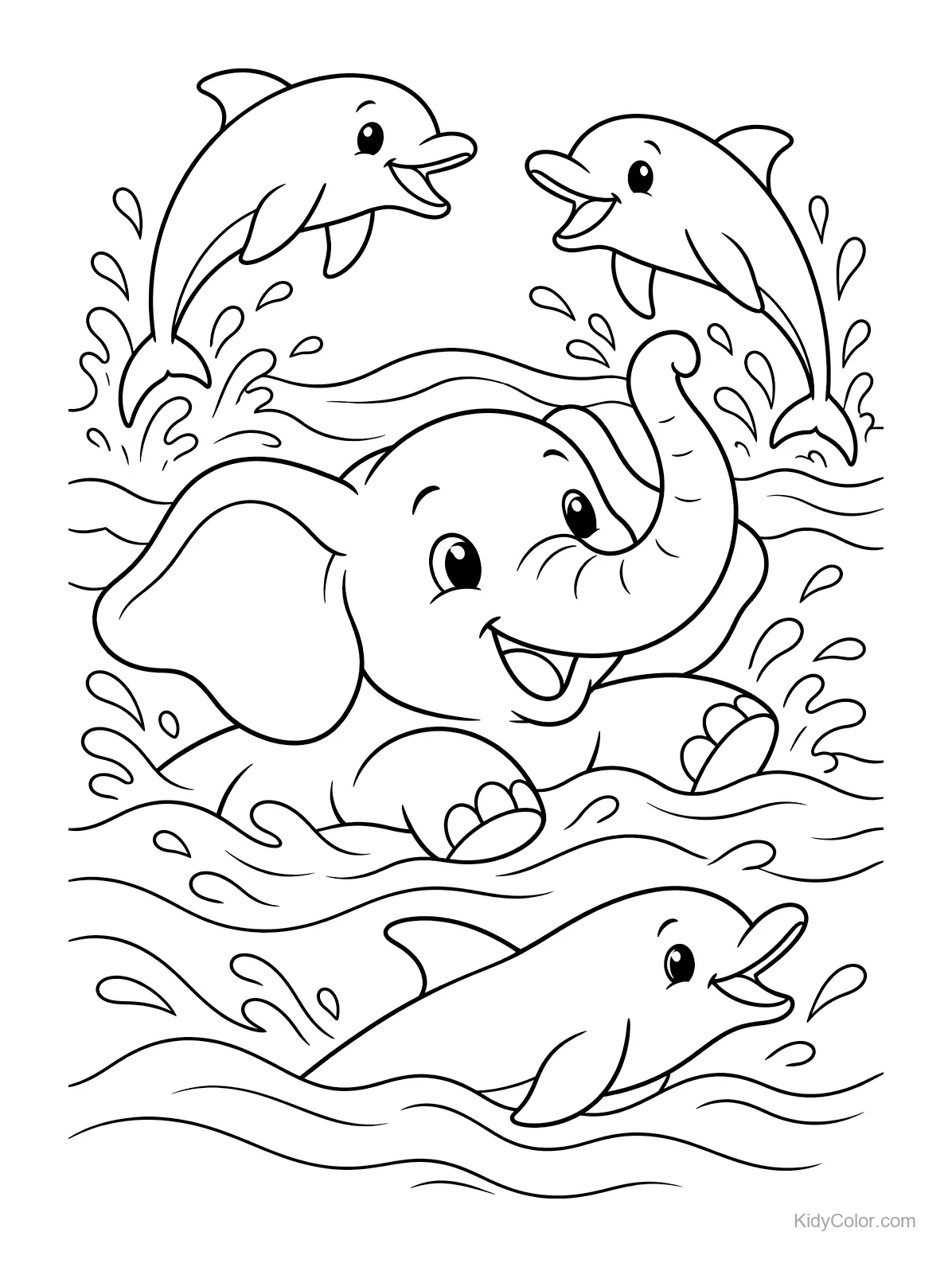 Un éléphant nageant avec trois dauphins autour de lui.