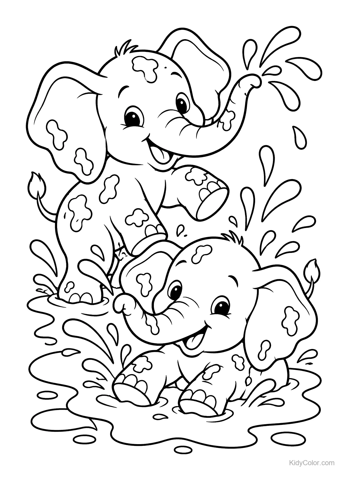 Two elephants happily splashing in mud with raised trunks.