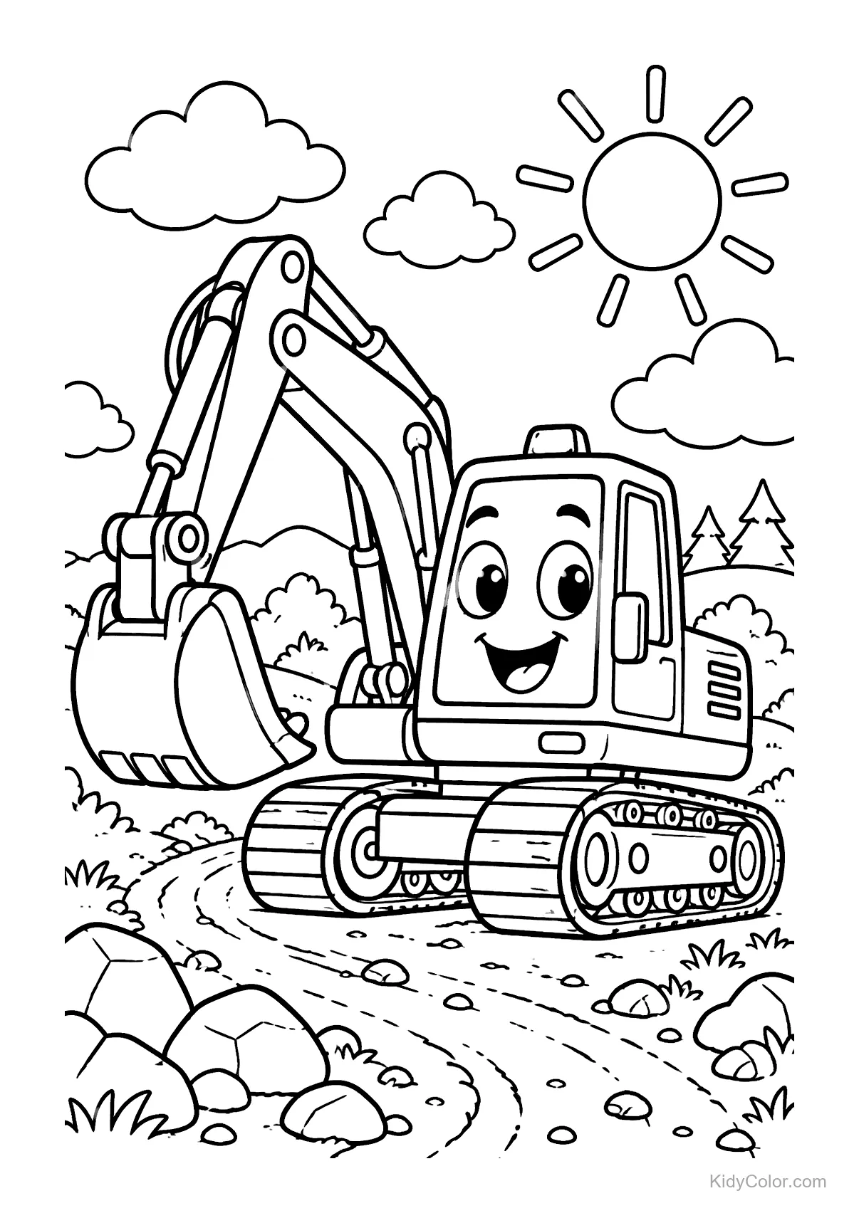 Happy excavator on a rocky path under a sunny sky.
