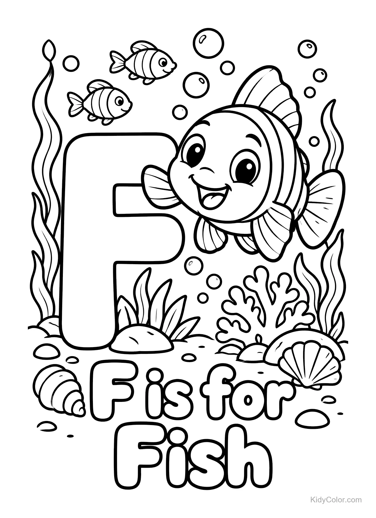 Happy fish swimming among seaweed and bubbles with two smaller fish.