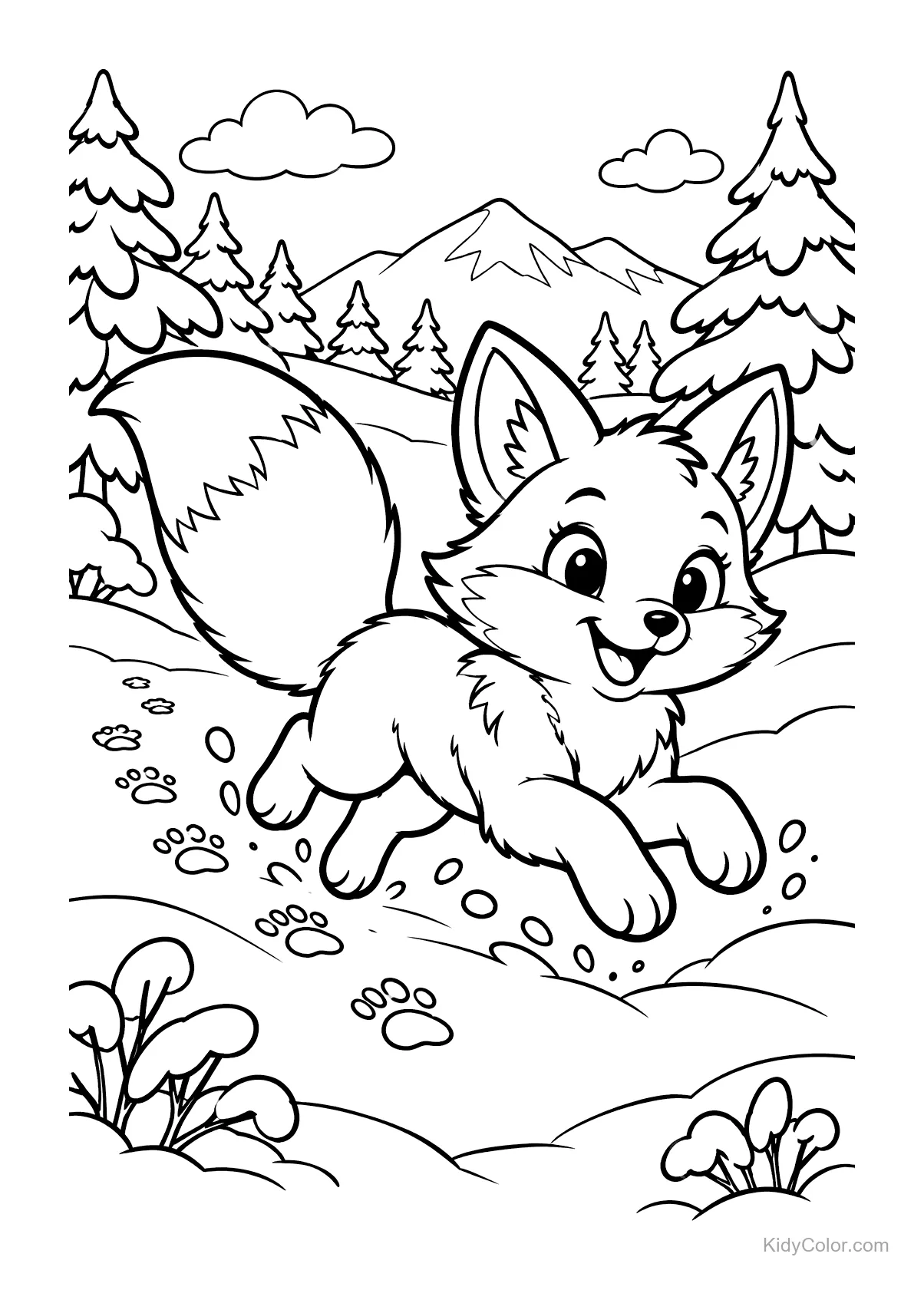 A joyful fox leaping through snow in a forest with mountains.