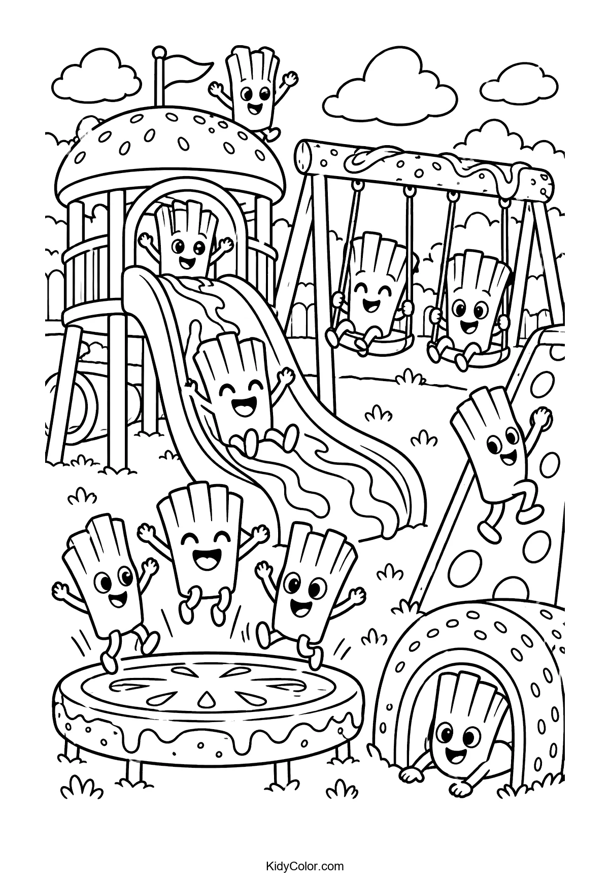 Fries playing on swings, slides, and tunnels in a playground.