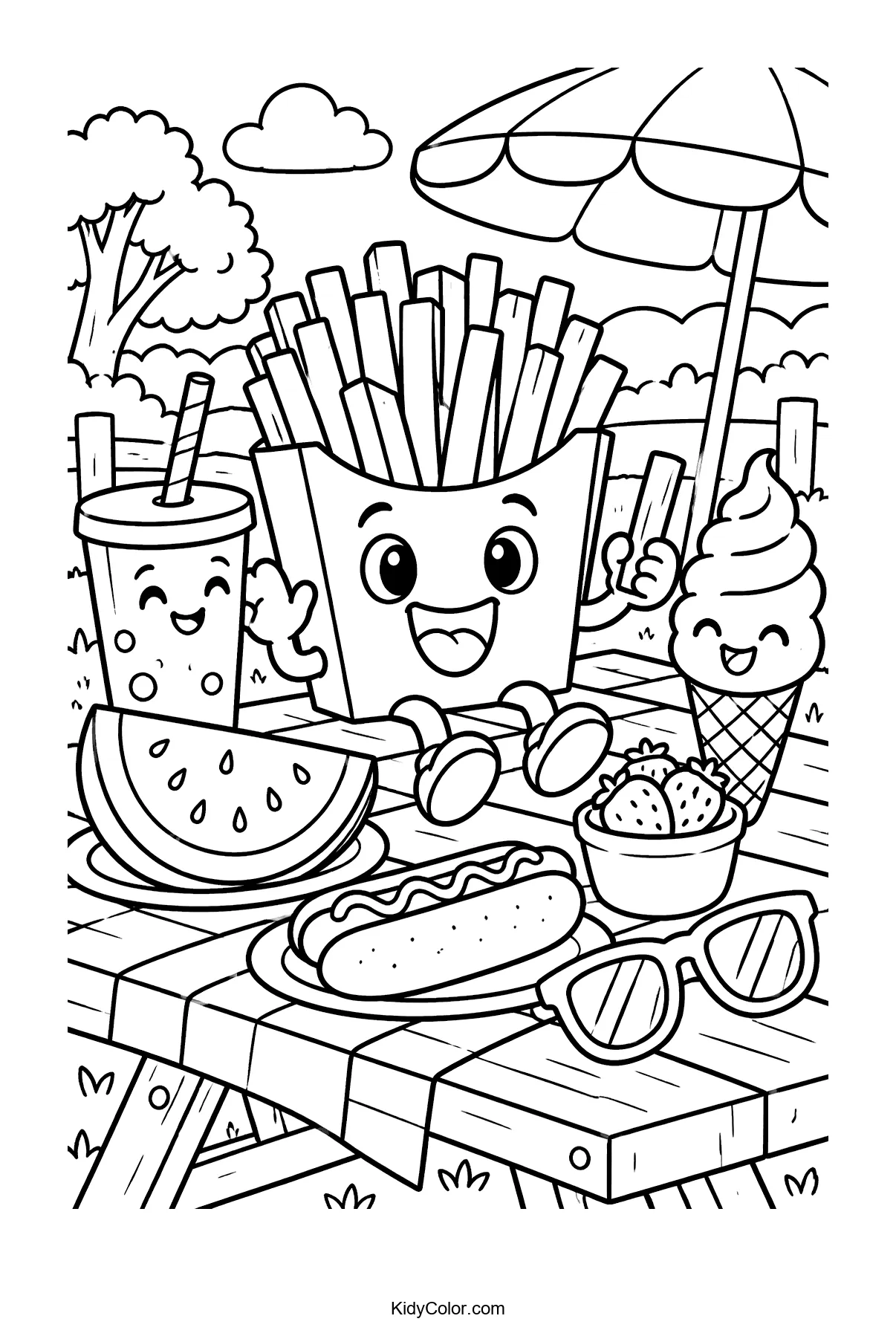 Happy fries with a drink, ice cream, watermelon, and more at a picnic.
