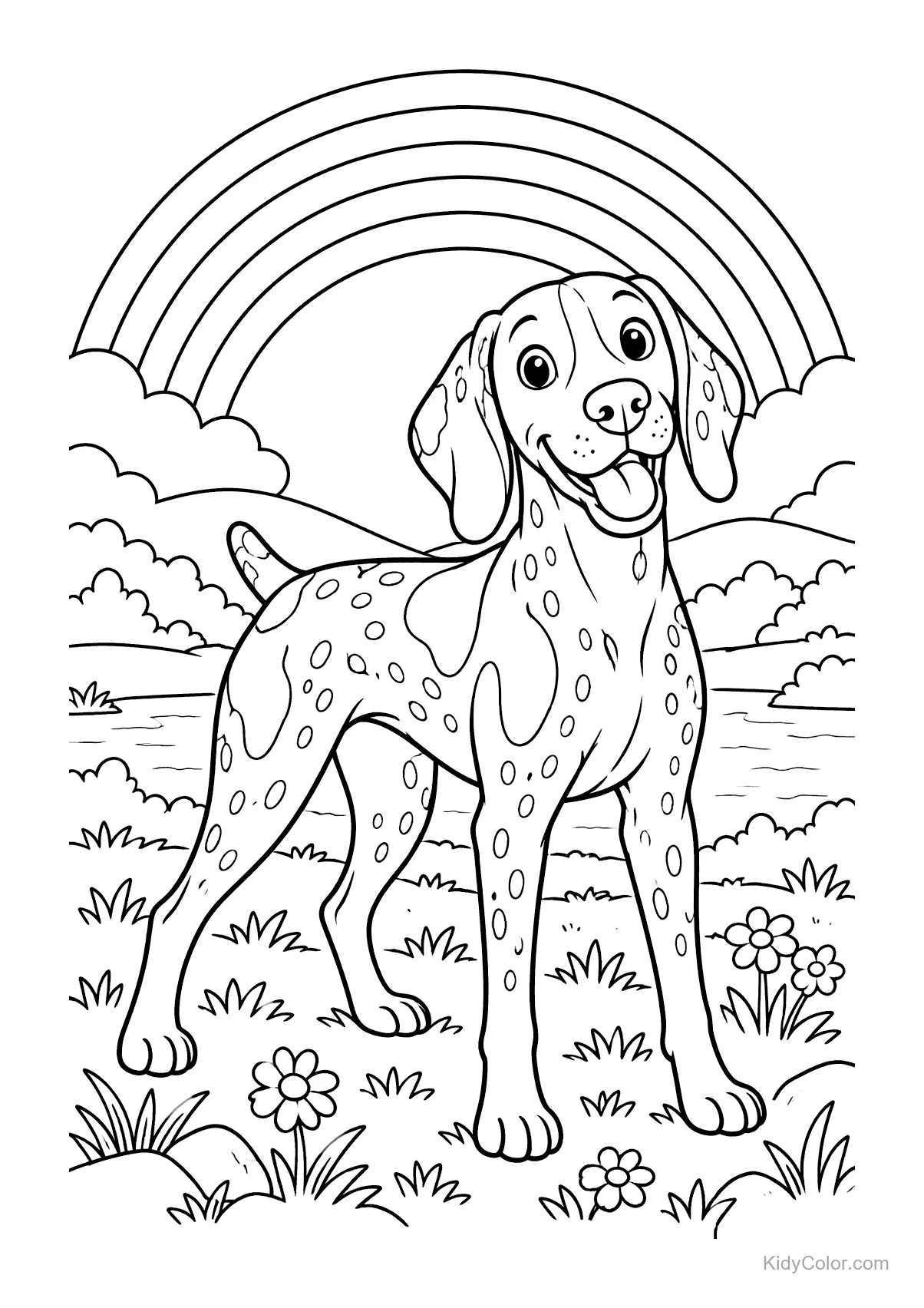 A German Shorthaired Pointer stands under a rainbow with flowers and clouds around.