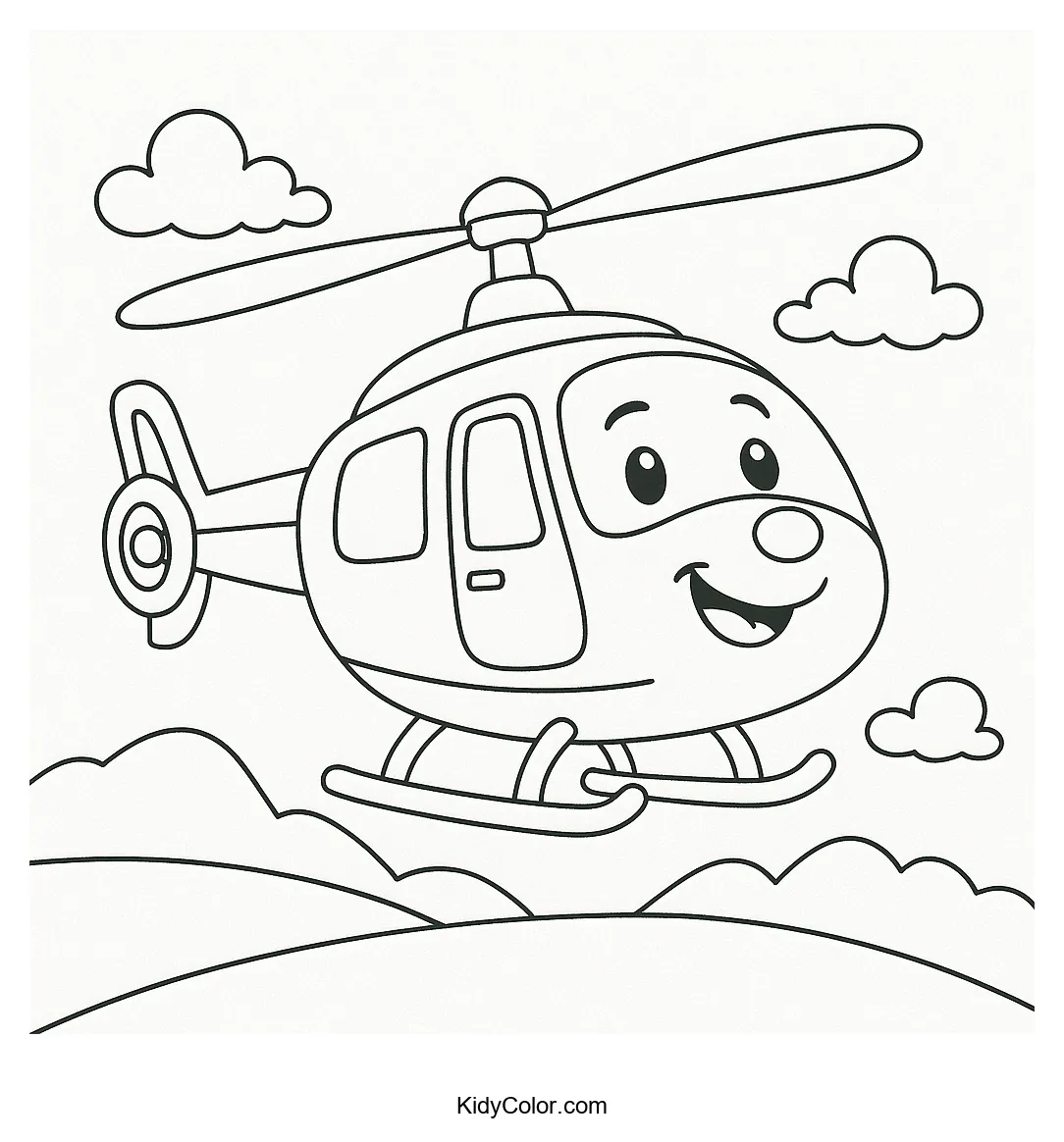 Coloring page of a happy helicopter flying in the sky