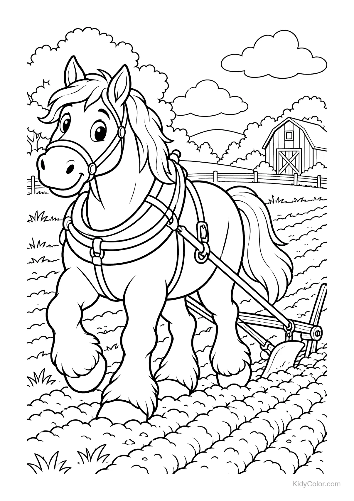 Caballo arando un campo con un granero al fondo.