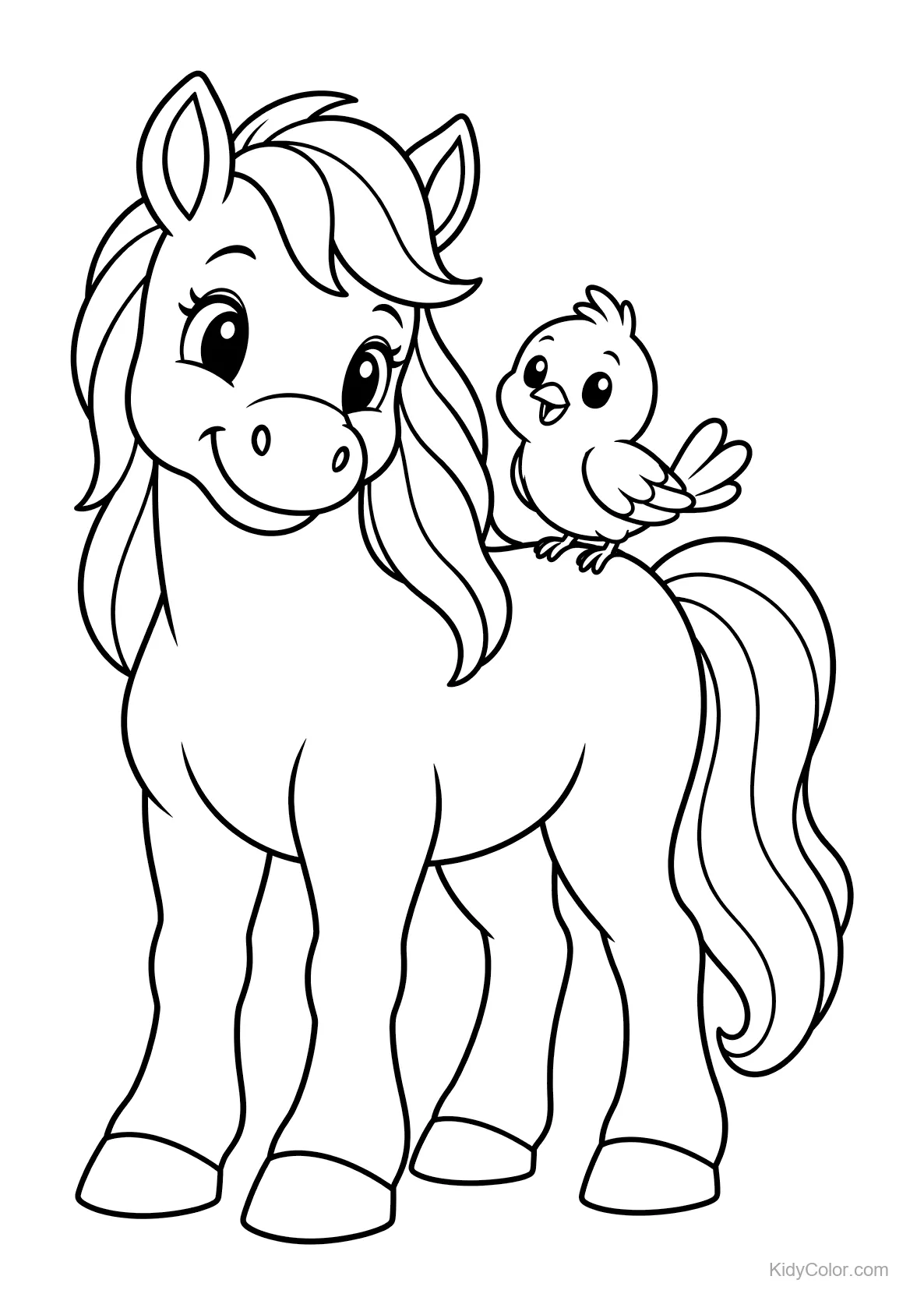 A happy horse with a bird on its back, line art.