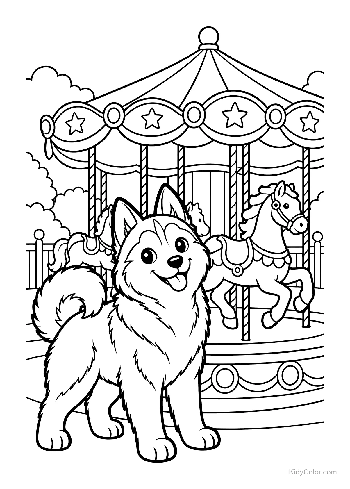 A happy husky standing in front of a carousel with horses.