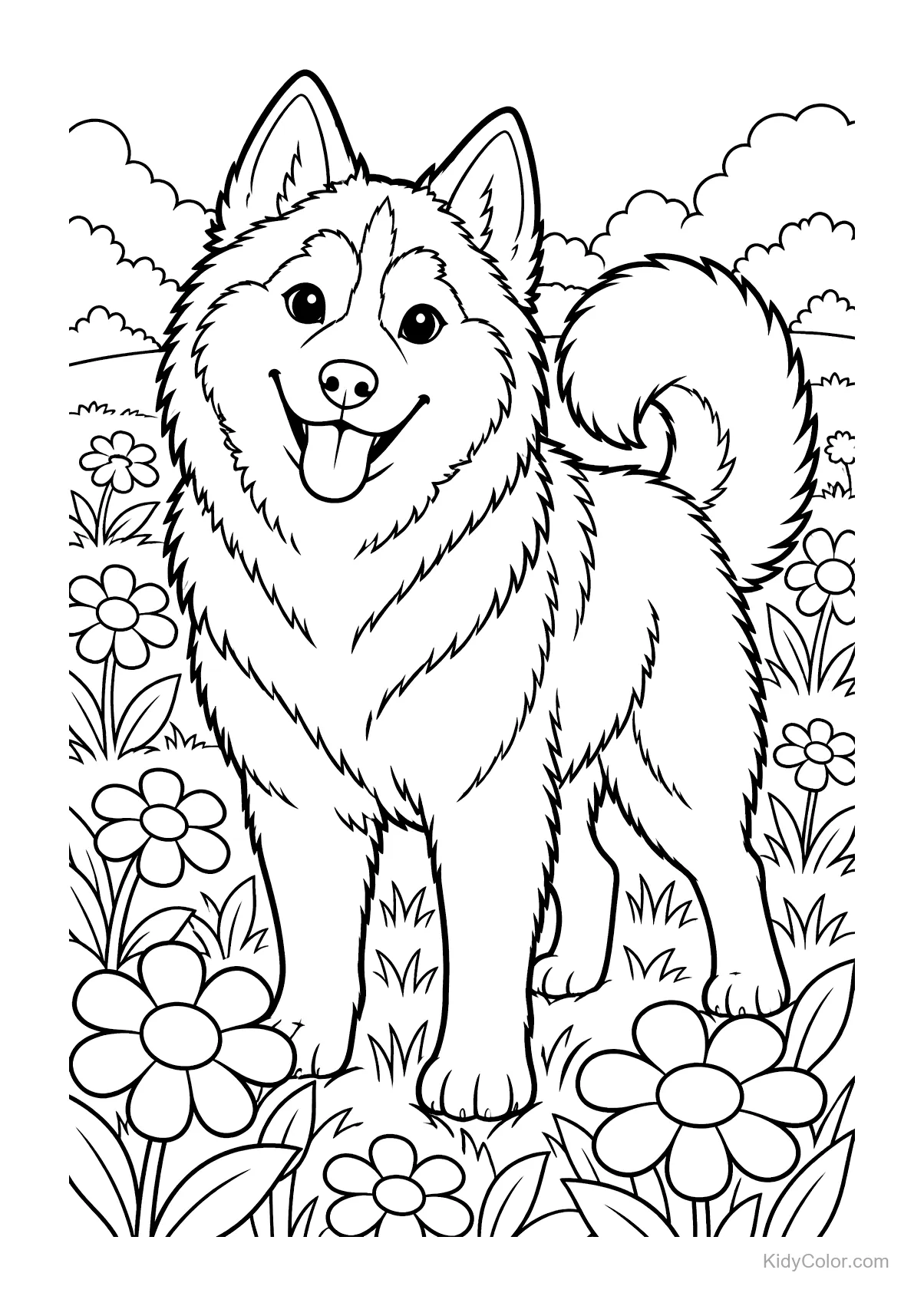 Un husky felice tra fiori grandi sotto un cielo nuvoloso.