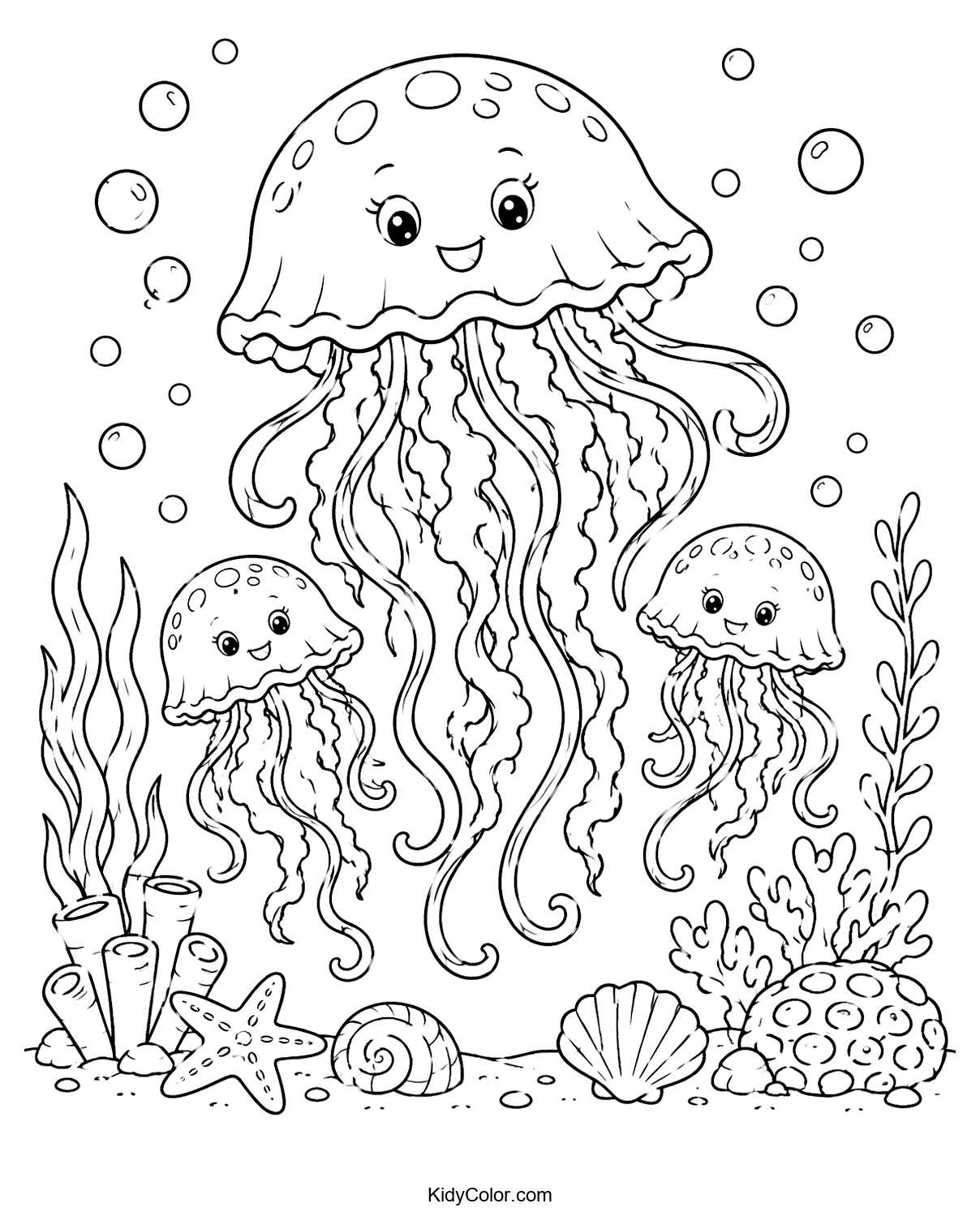 A family of jellyfish with bubbles and sea plants in the ocean.