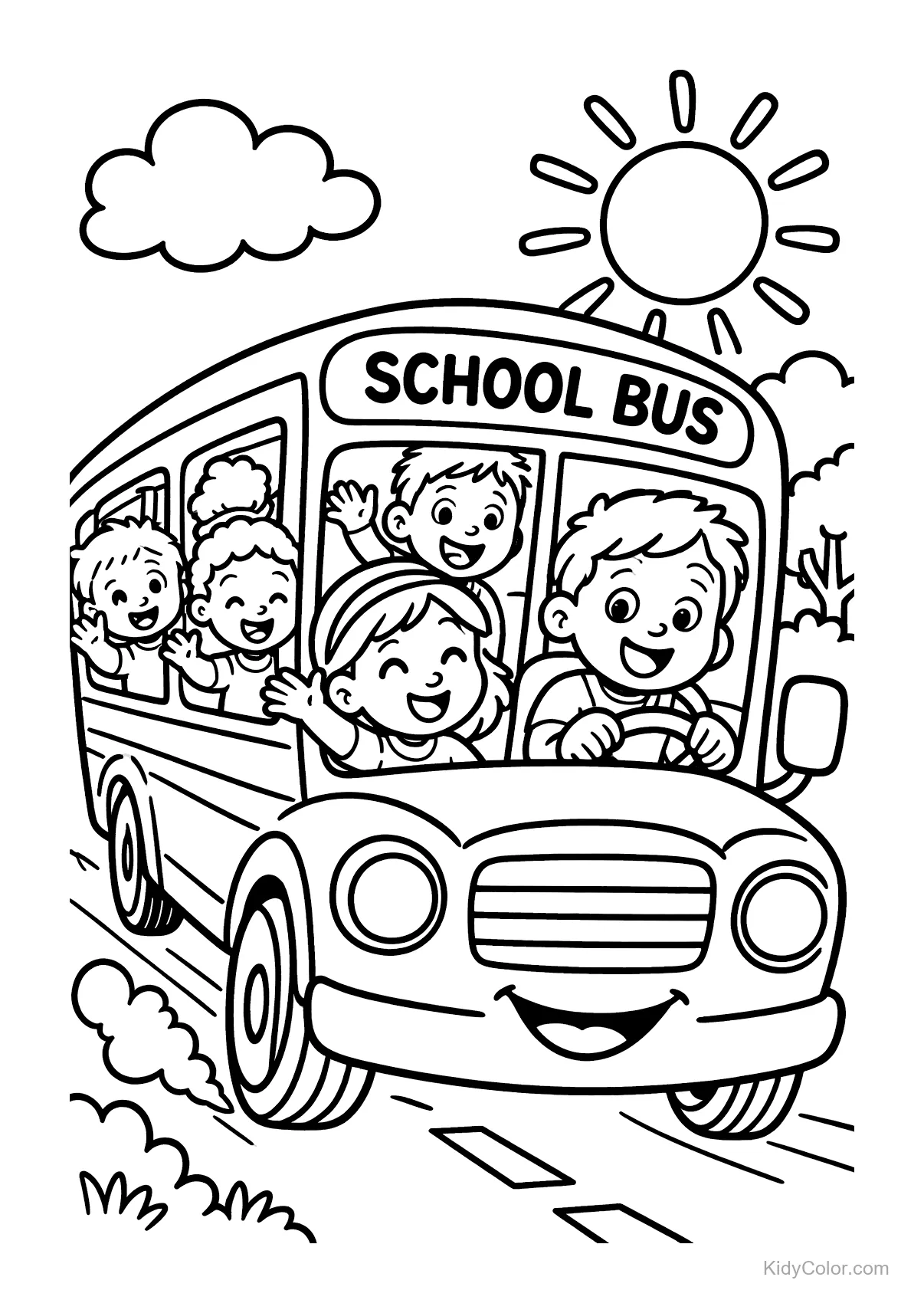 A school bus full of smiling kids on a sunny day.
