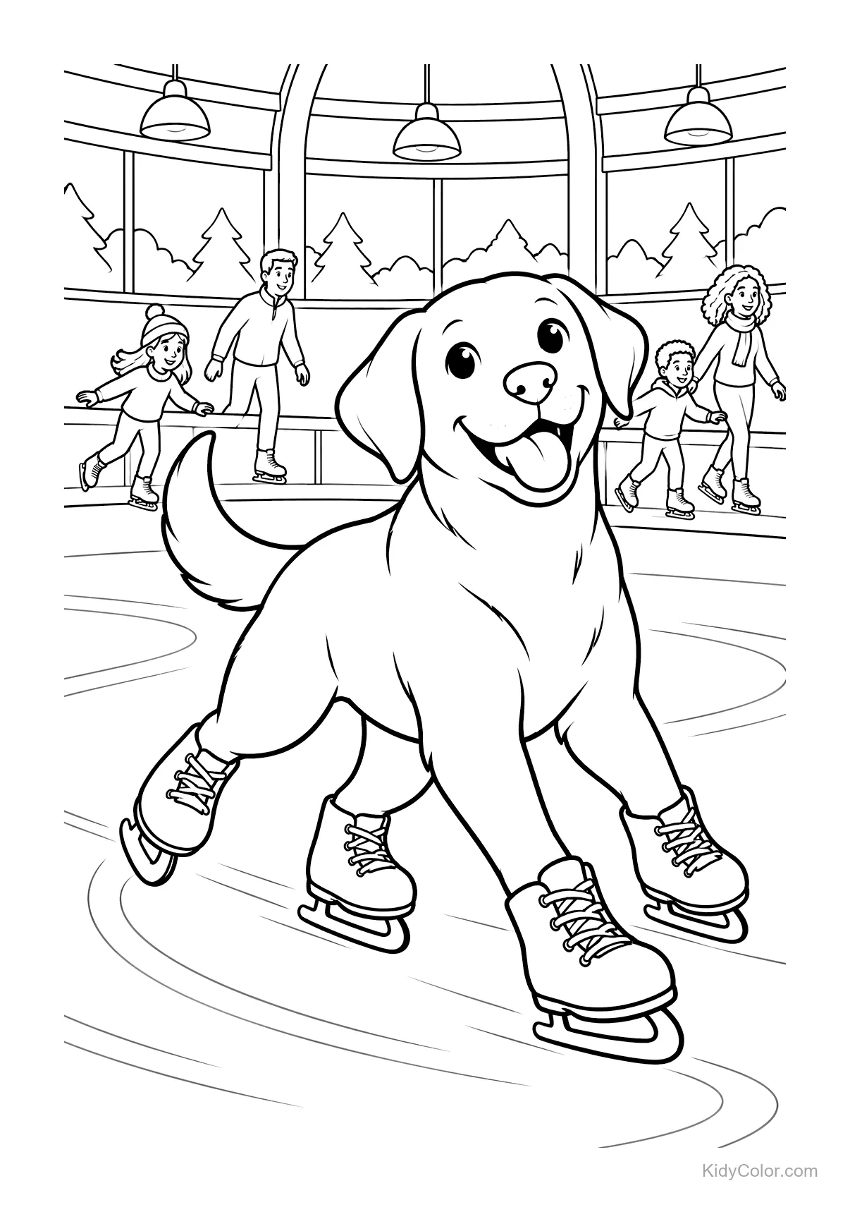 Fröhlicher Labrador mit Schlittschuhen auf einer Eisbahn.