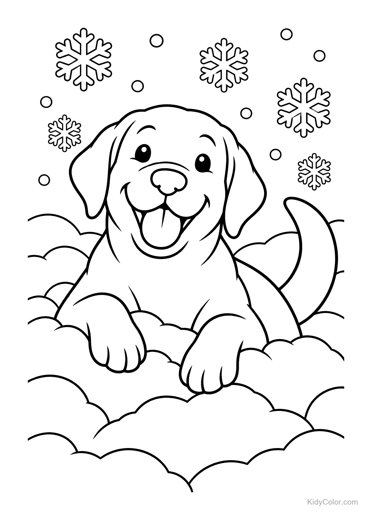 Ein fröhlicher Labrador spielt im Schnee mit Schneeflocken.