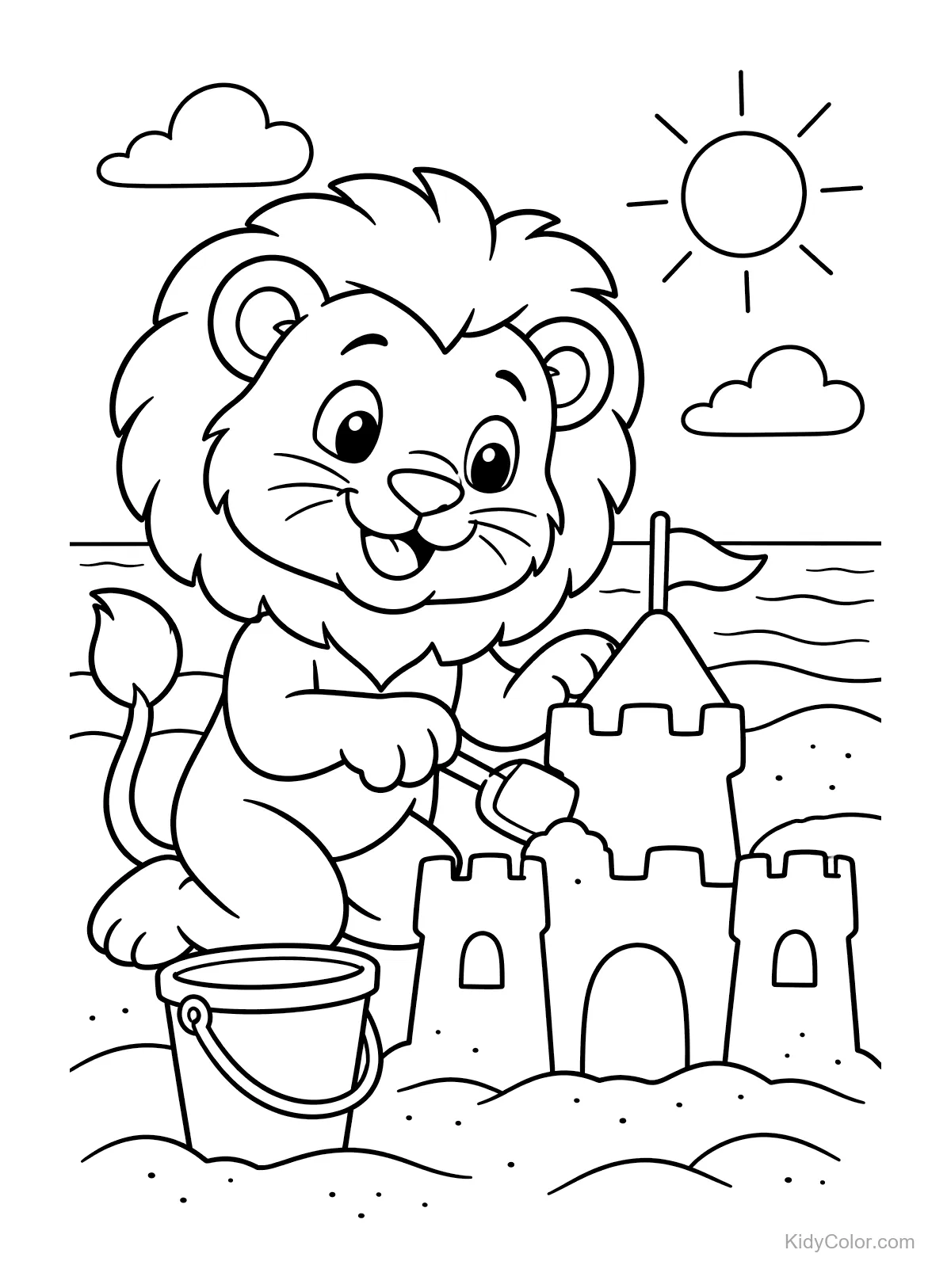 Un lion heureux construisant un château de sable sur la plage sous un ciel ensoleillé.