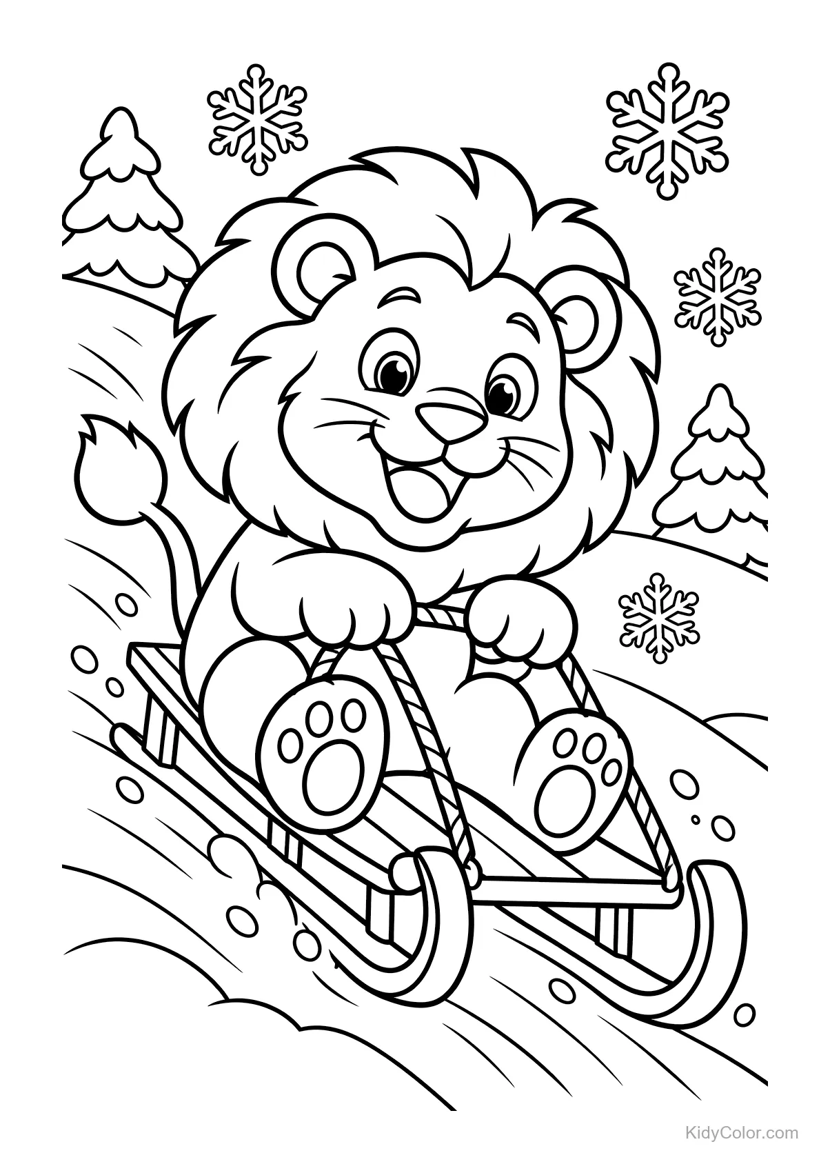 Ein fröhlicher Löwe fährt Schlitten einen verschneiten Hügel hinunter mit Schneeflocken darüber.