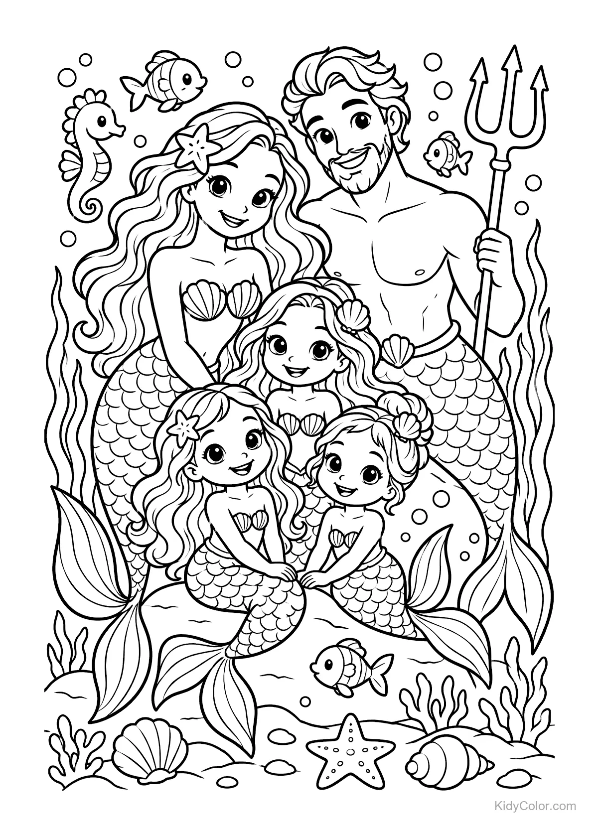 Família de sereias com peixes e plantas marinhas no fundo do mar.