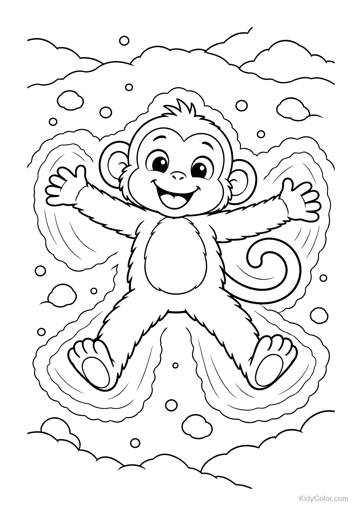 Un singe joyeux faisant un ange dans la neige avec les bras écartés.