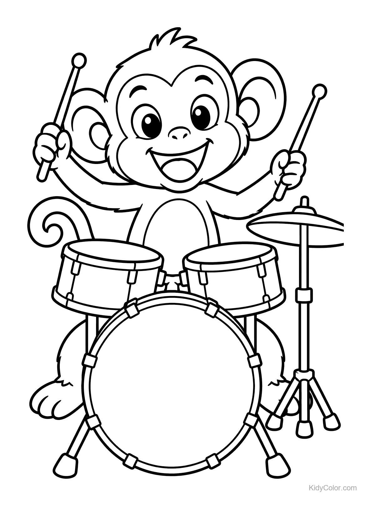 Blije aap speelt op de drums met een grote glimlach
