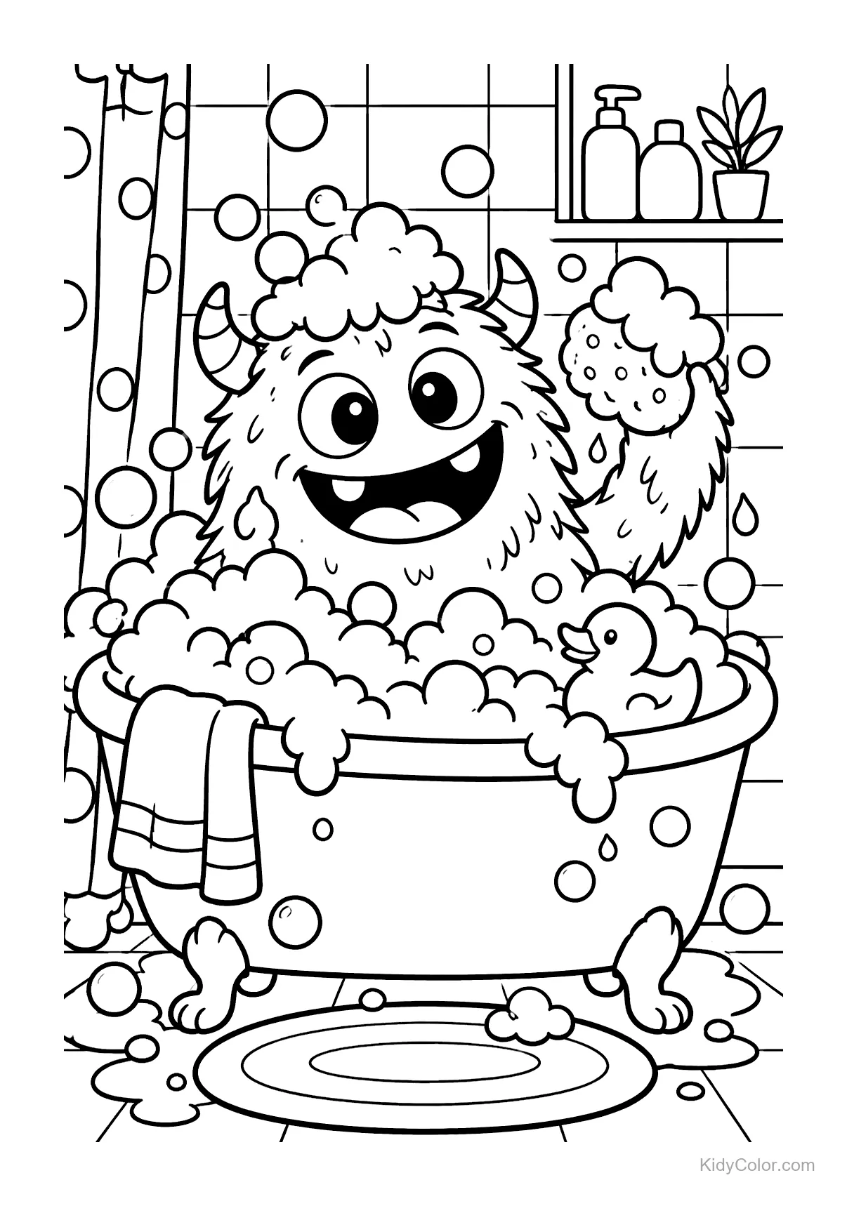 Monstro feliz na banheira com bolhas e patinho de borracha.