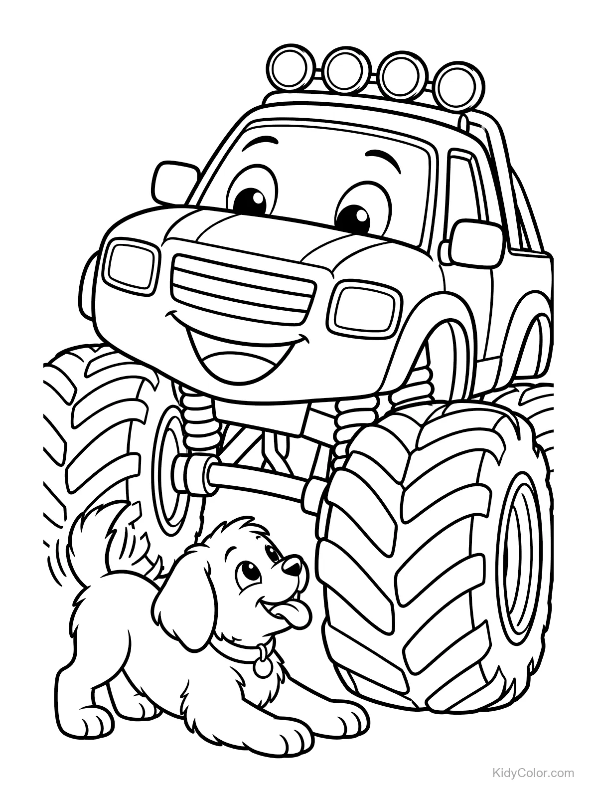 Fröhlicher Monstertruck mit einem verspielten Welpen darunter.