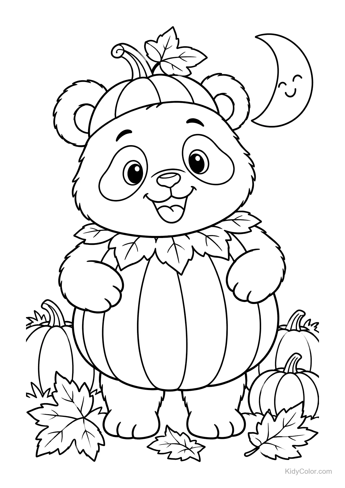 Panda con costume da zucca e luna sorridente.