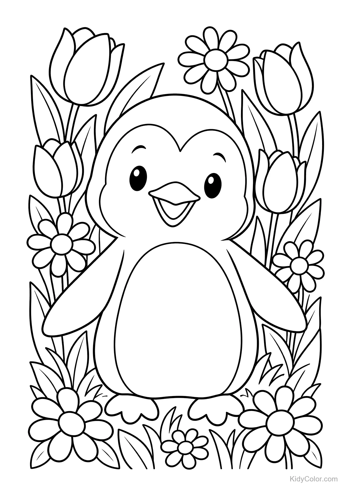 Un pingouin joyeux entouré de fleurs printanières.