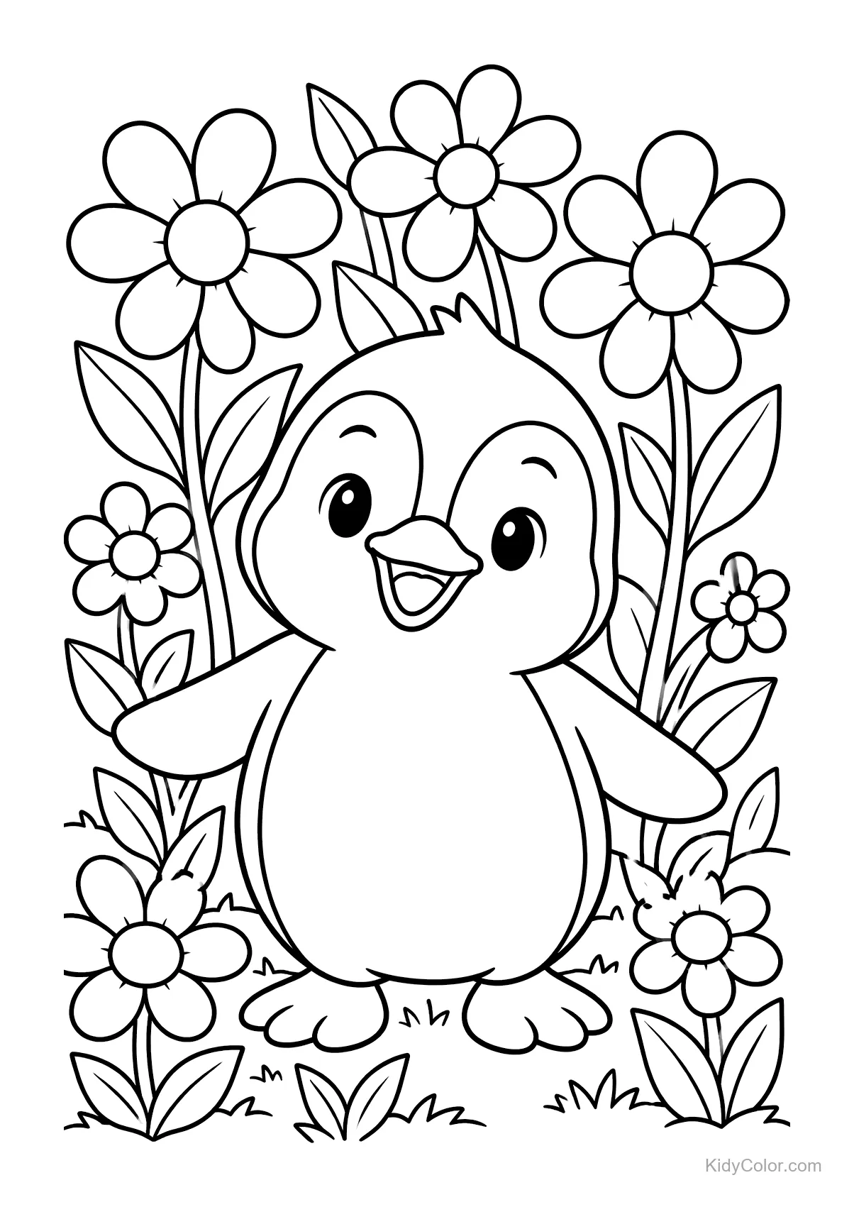 Blije pinguïn omringd door grote bloemen in een tuin.
