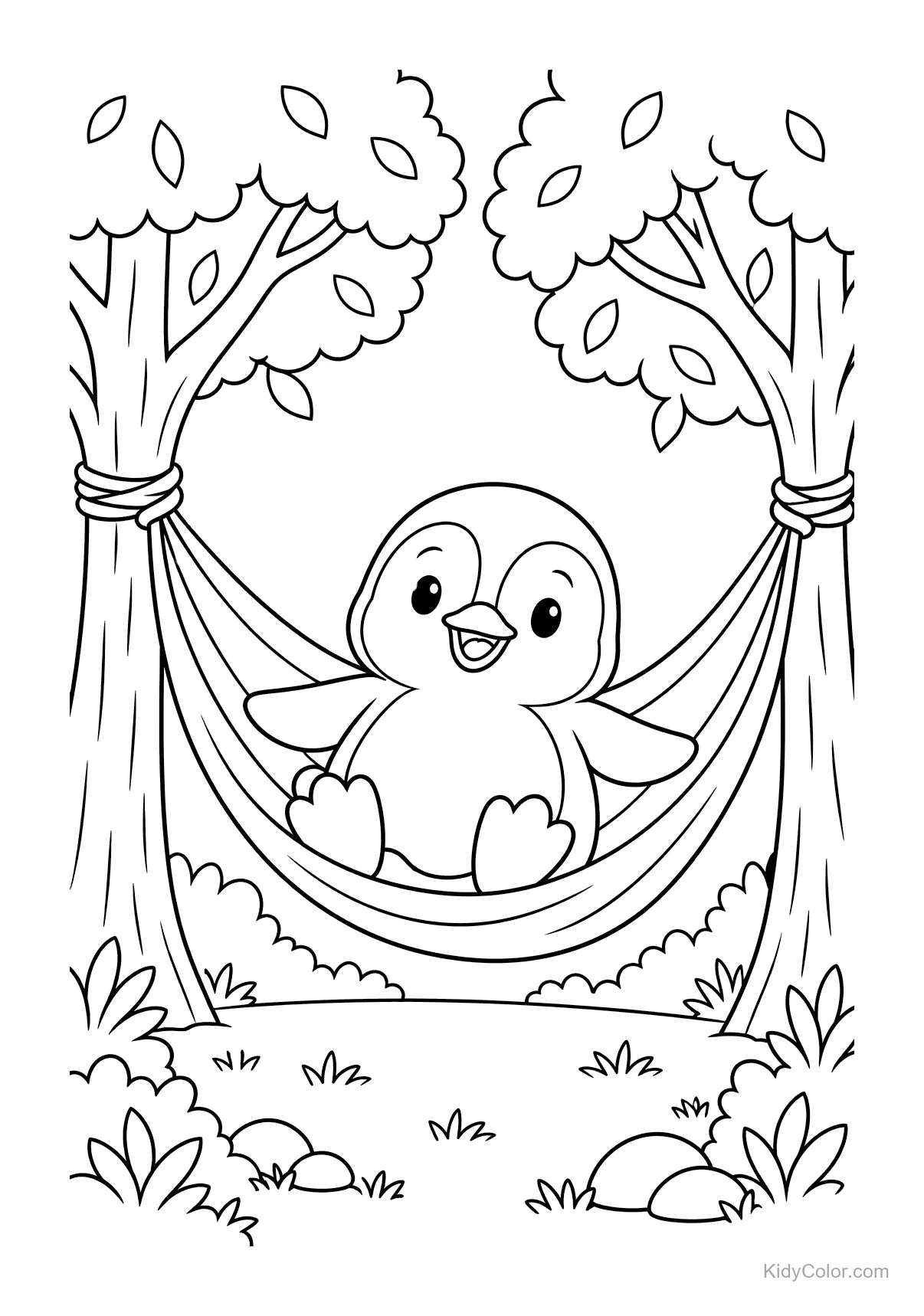 Penguin sitting happily in a hammock tied between two trees.