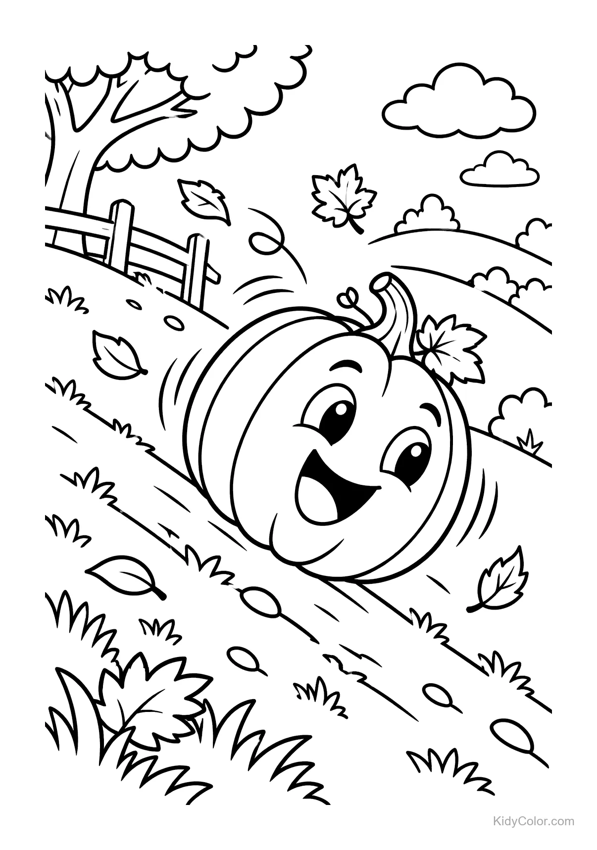 Cheerful pumpkin with a smiling face rolling down a hill with leaves.