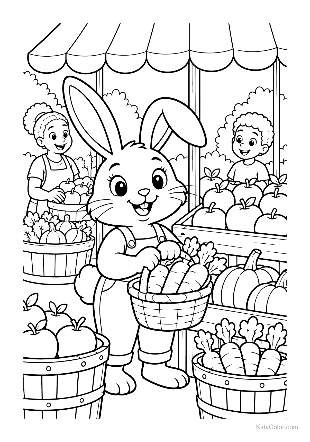 Hase mit einem Korb Karotten an einem Marktstand.