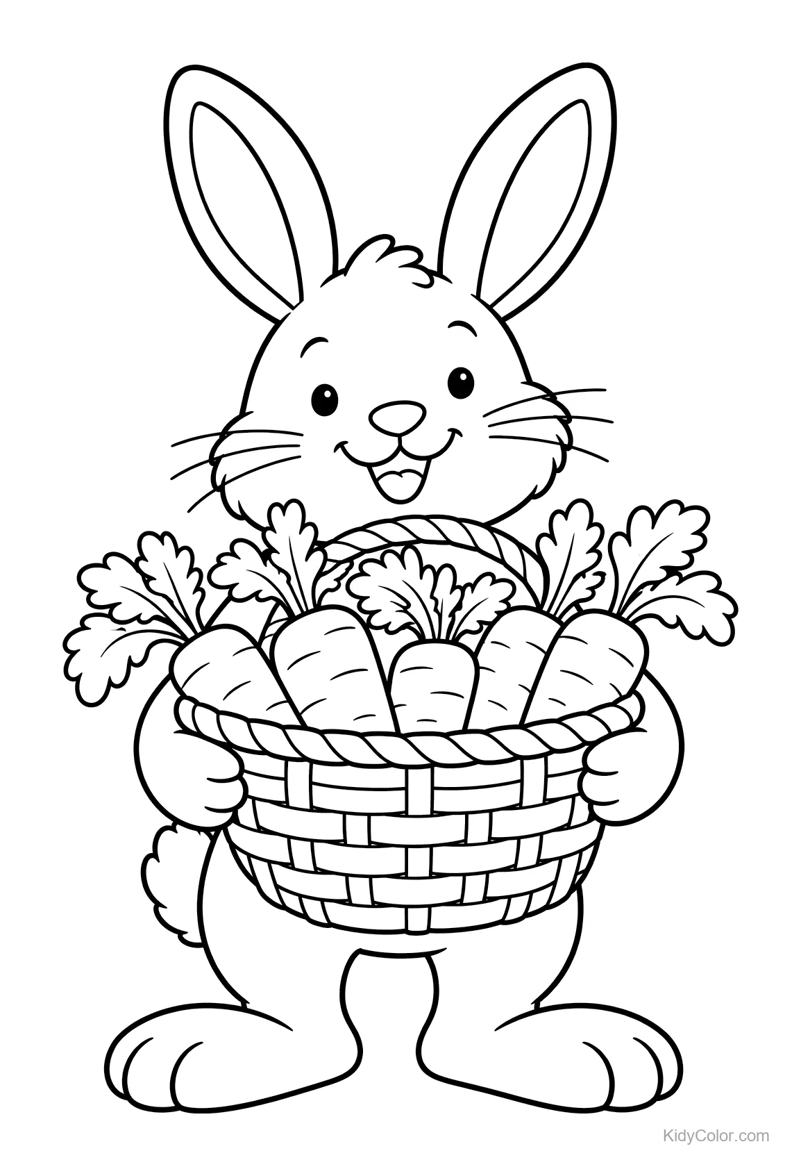 Ein fröhlicher Hase hält einen Korb voller Karotten.